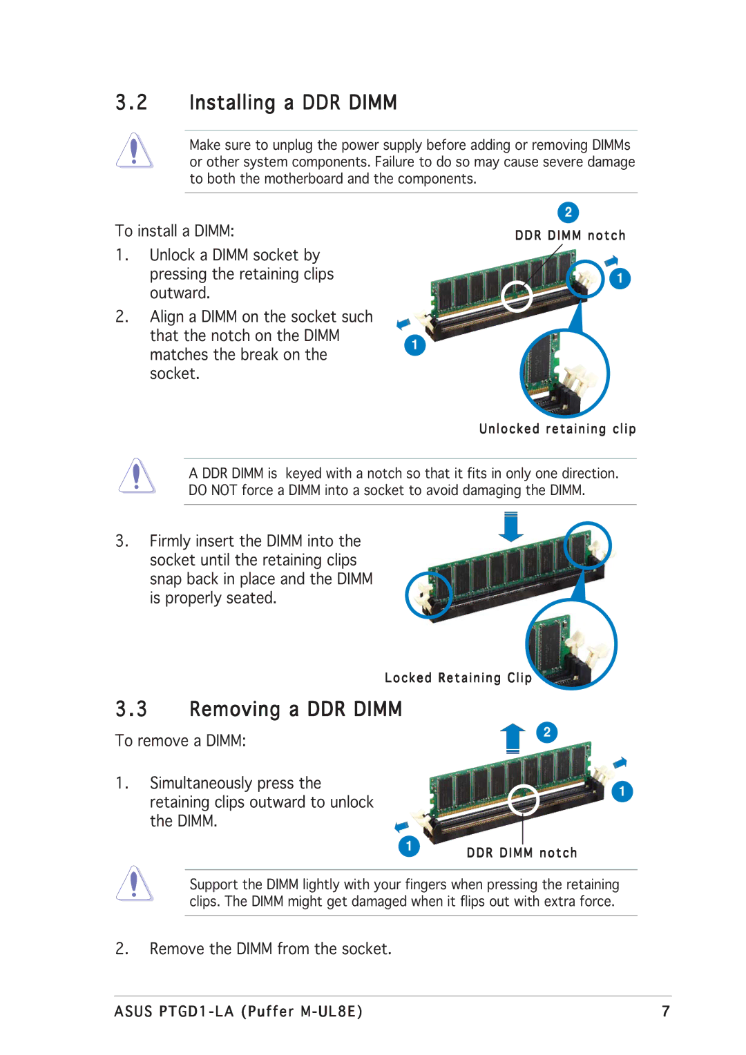 Asus PTGD1-LA manual Installing a DDR Dimm, Removing a DDR Dimm 