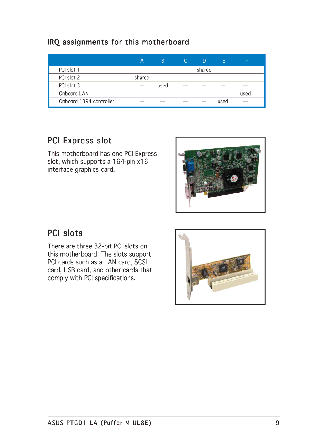 Asus PTGD1-LA manual PCI Express slot, PCI slots 