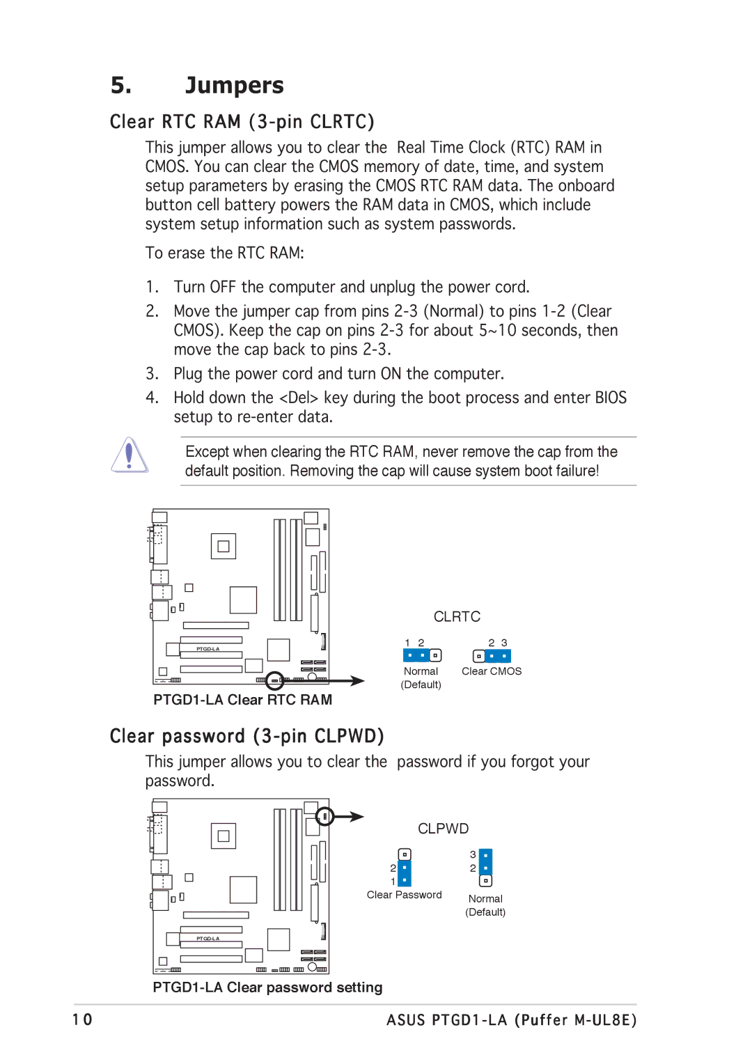 Asus PTGD1-LA manual Jumpers, Clear RTC RAM 3-pin Clrtc 