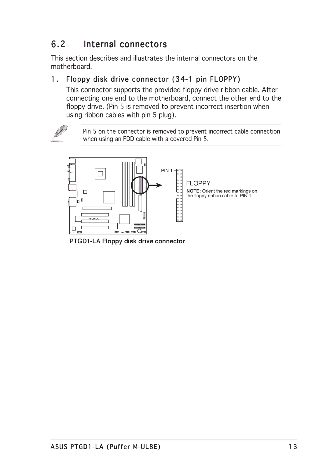 Asus PTGD1-LA manual Internal connectors, Floppy disk drive connector 34-1 pin Floppy 