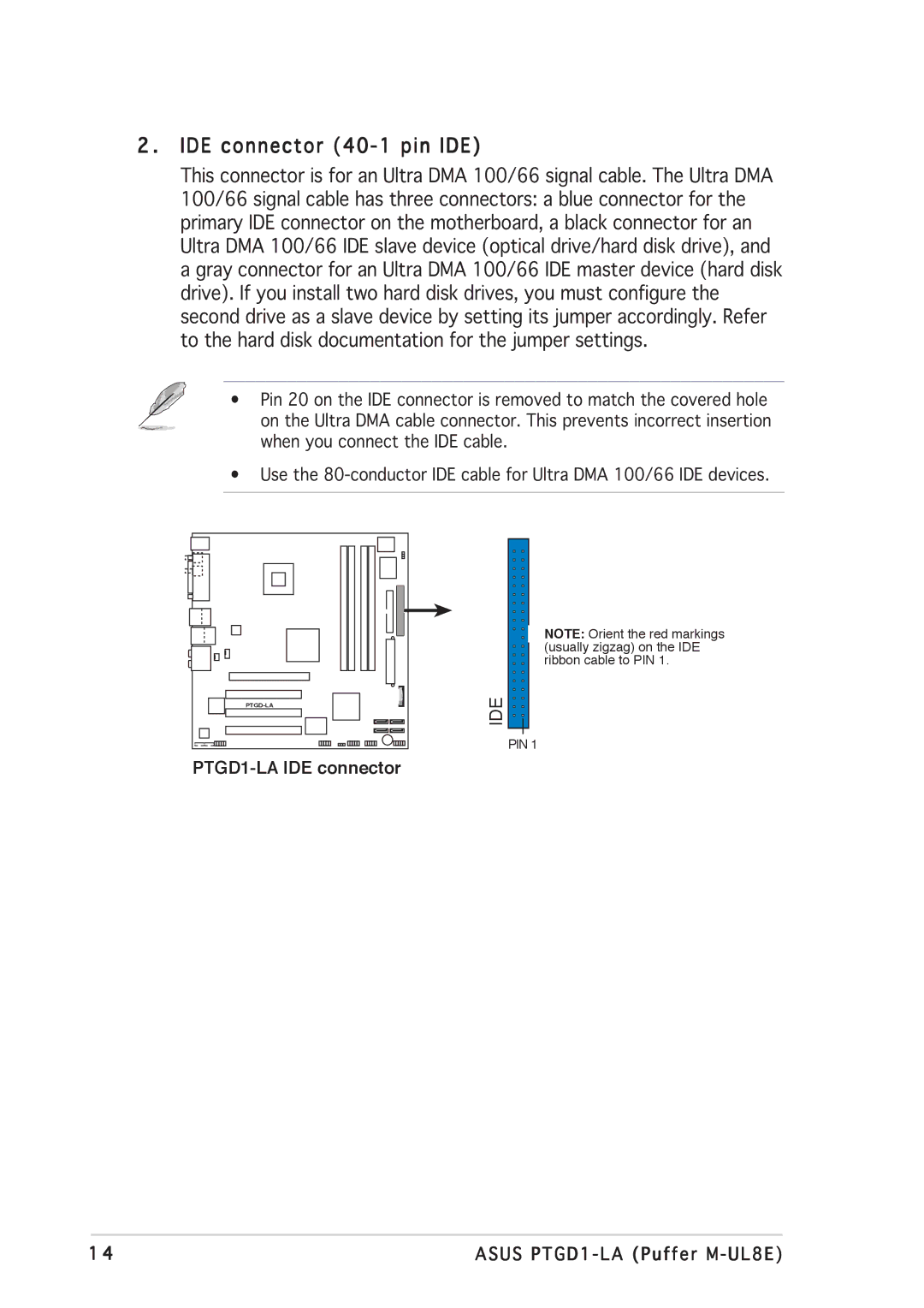 Asus PTGD1-LA manual IDE connector 40-1 pin IDE 