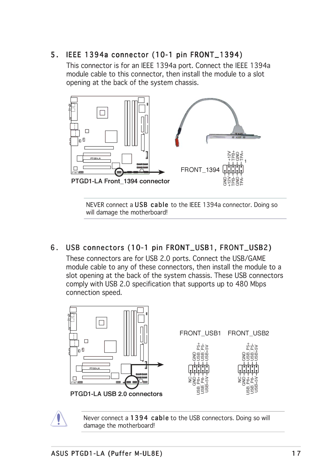 Asus PTGD1-LA manual Ieee 1394a connector 10-1 pin FRONT1394, USB connectors 10-1 pin FRONTUSB1, FRONTUSB2 