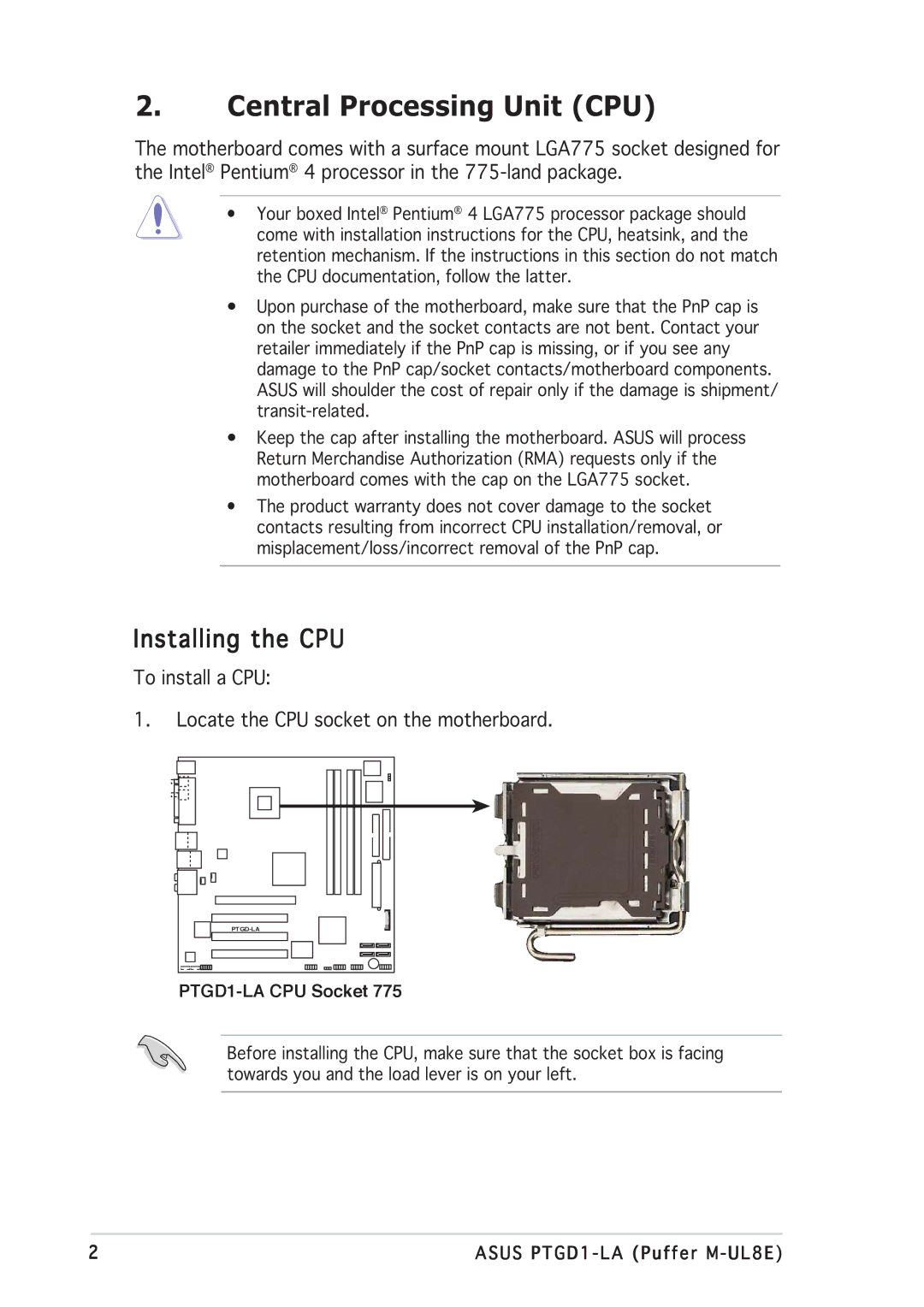 Asus PTGD1-LA manual Central Processing Unit CPU, Installing the CPU 