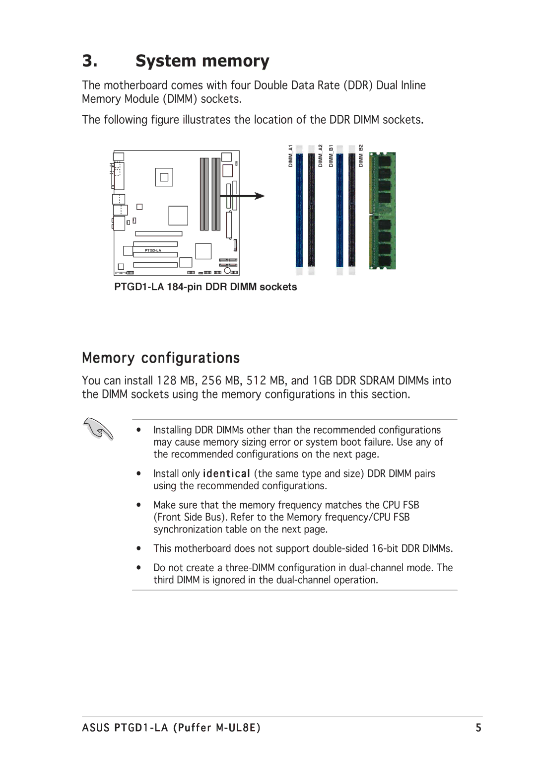 Asus PTGD1-LA manual System memory, Memory configurations 