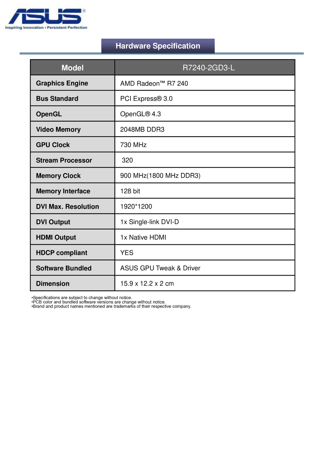 Asus R72402GD3L manual Hardware Specification 