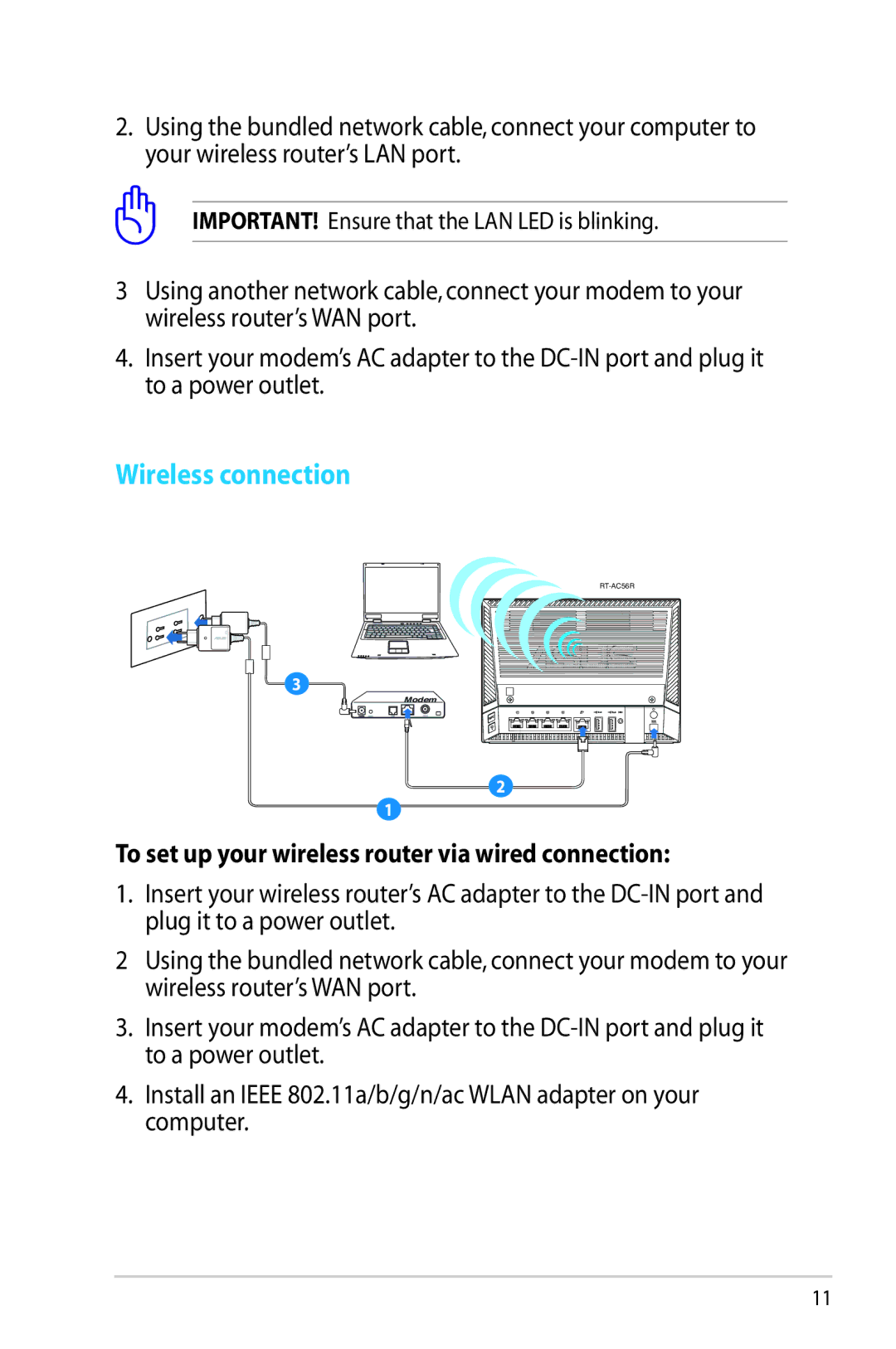 Asus RT-AC56R manual Wireless connection 