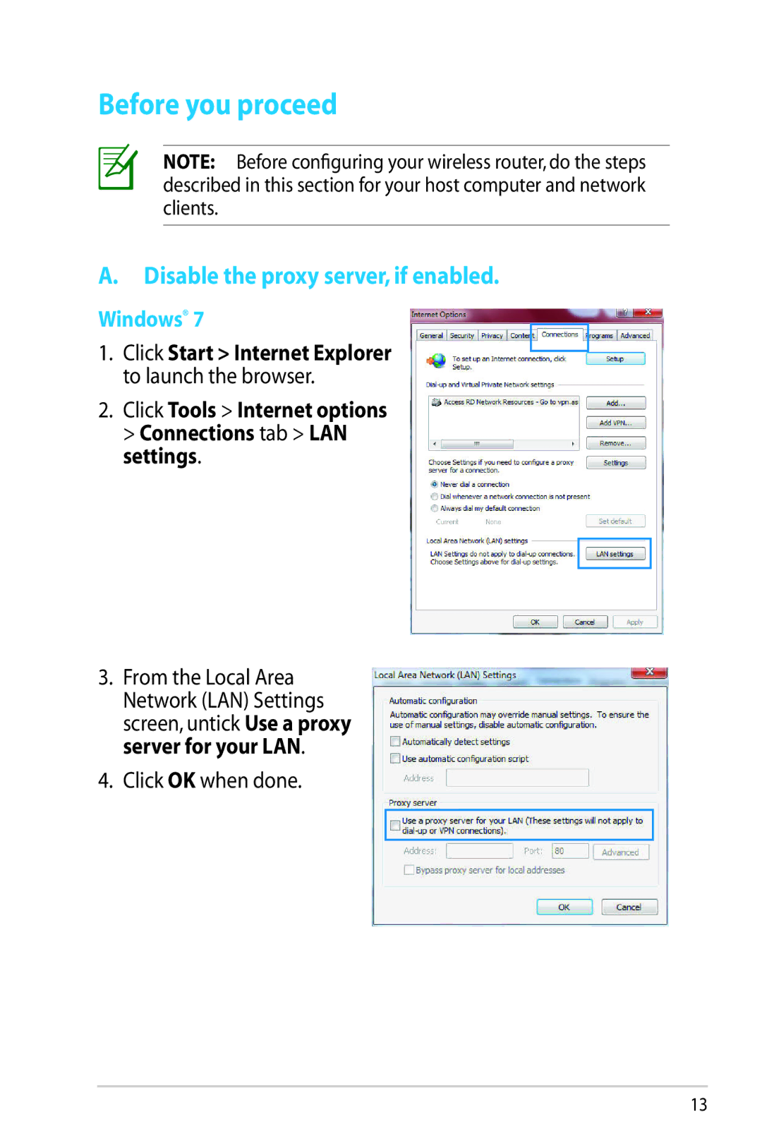 Asus RT-AC56R manual Before you proceed, Disable the proxy server, if enabled 