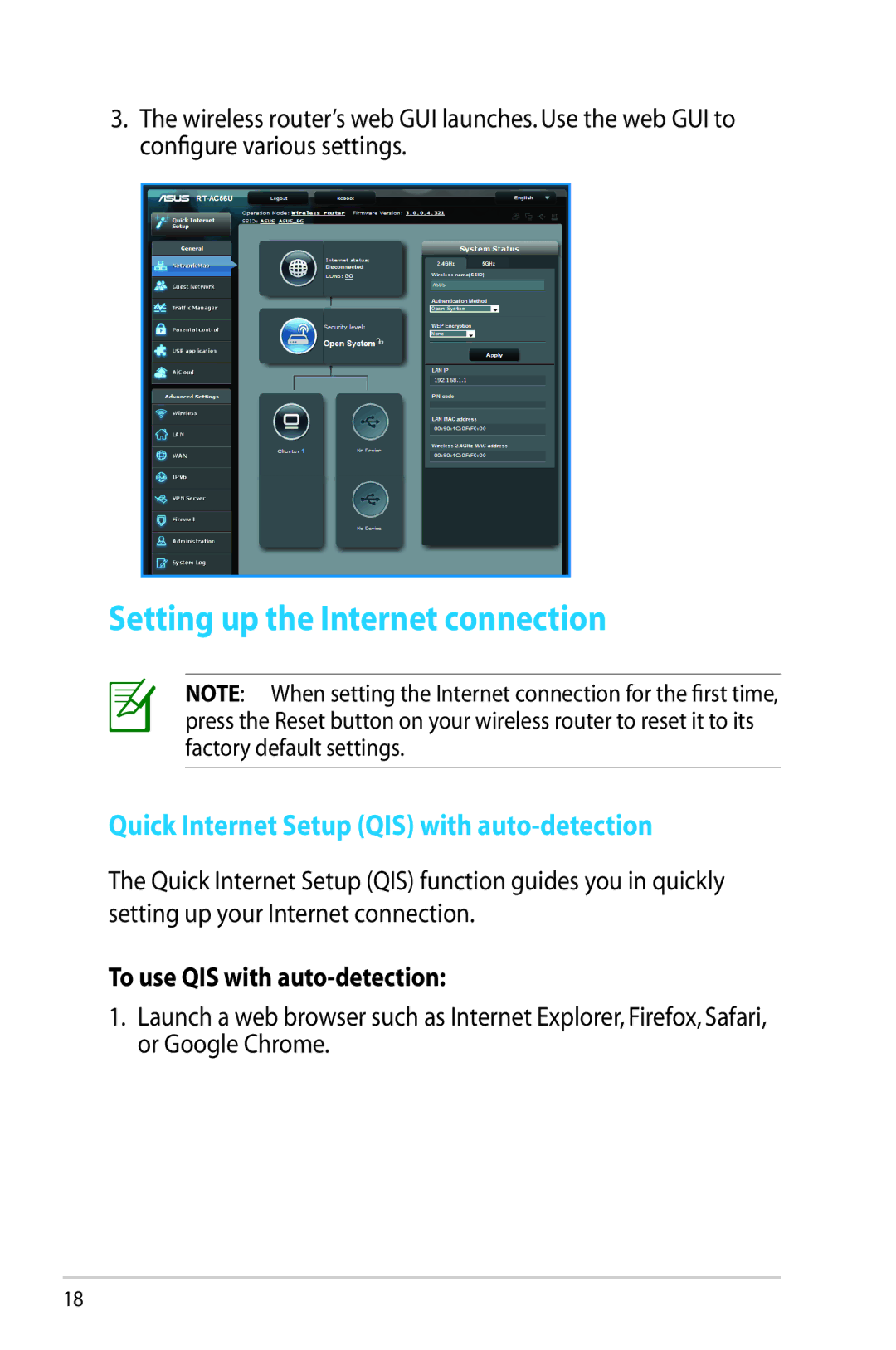 Asus RT-AC56R manual Setting up the Internet connection, Quick Internet Setup QIS with auto-detection 