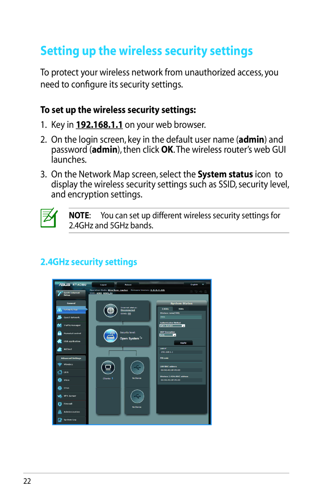 Asus RT-AC56R manual Setting up the wireless security settings, To set up the wireless security settings 