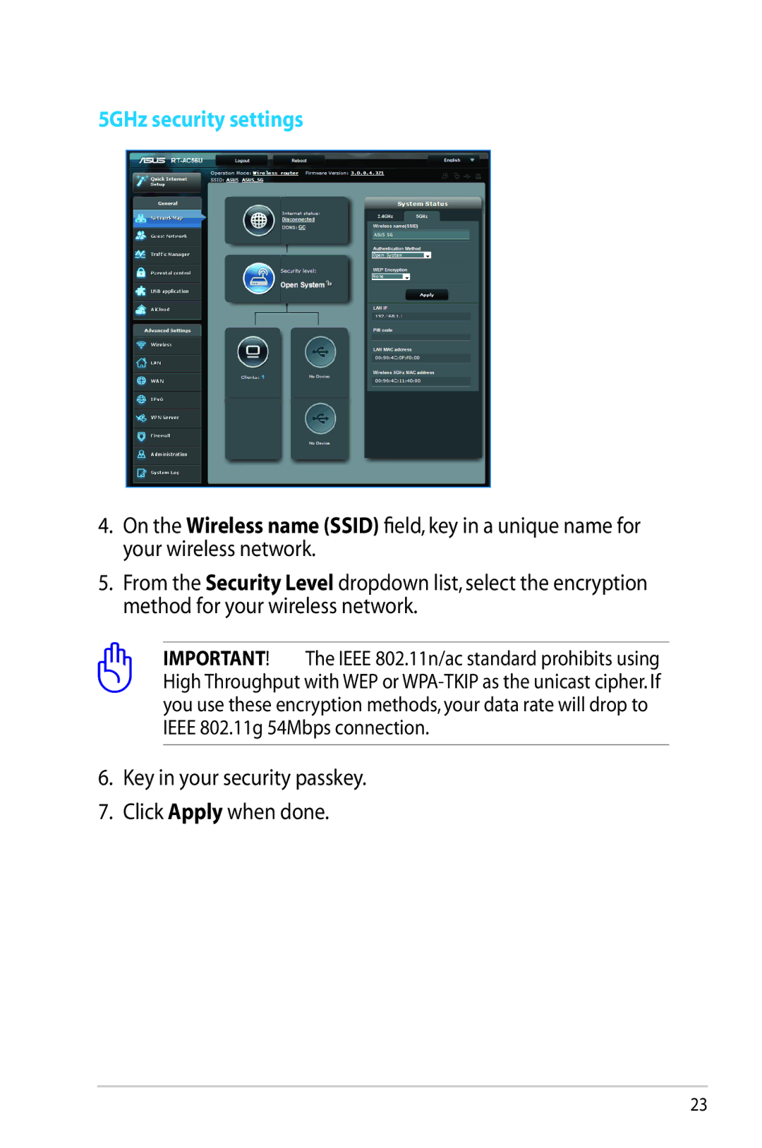 Asus RT-AC56R manual 5GHz security settings 