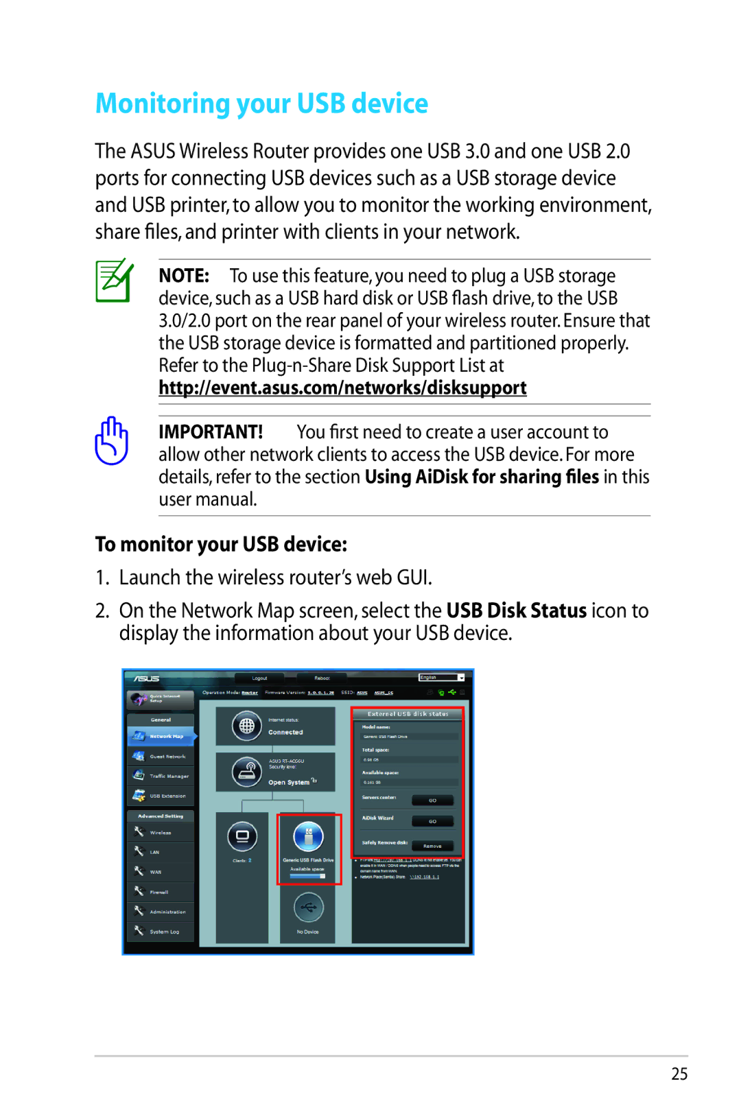 Asus RT-AC56R manual Monitoring your USB device, To monitor your USB device 