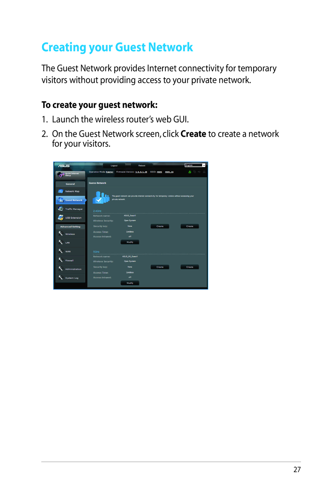 Asus RT-AC56R manual Creating your Guest Network, To create your guest network 