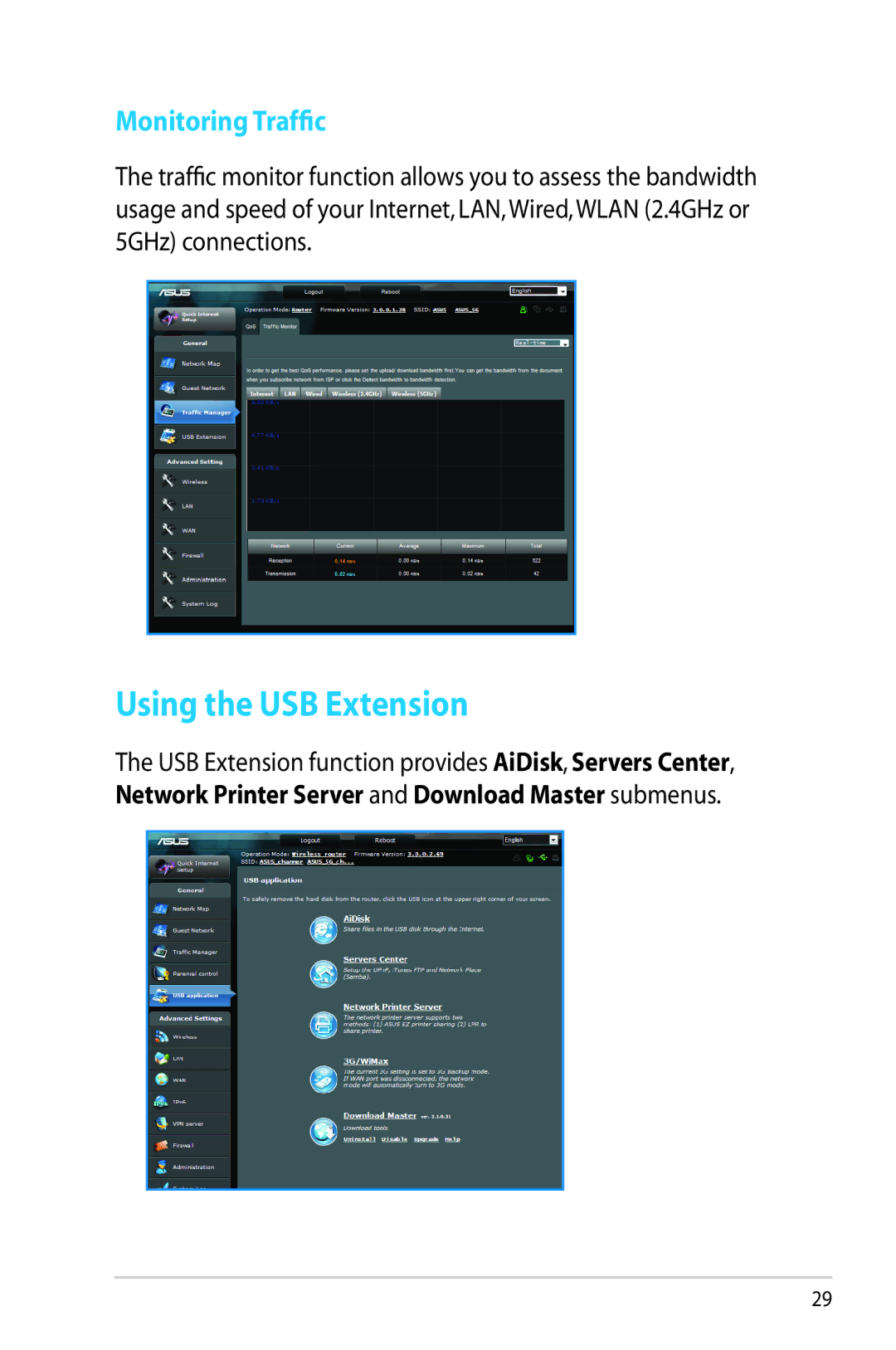 Asus RT-AC56R manual Using the USB Extension, Monitoring Traffic 