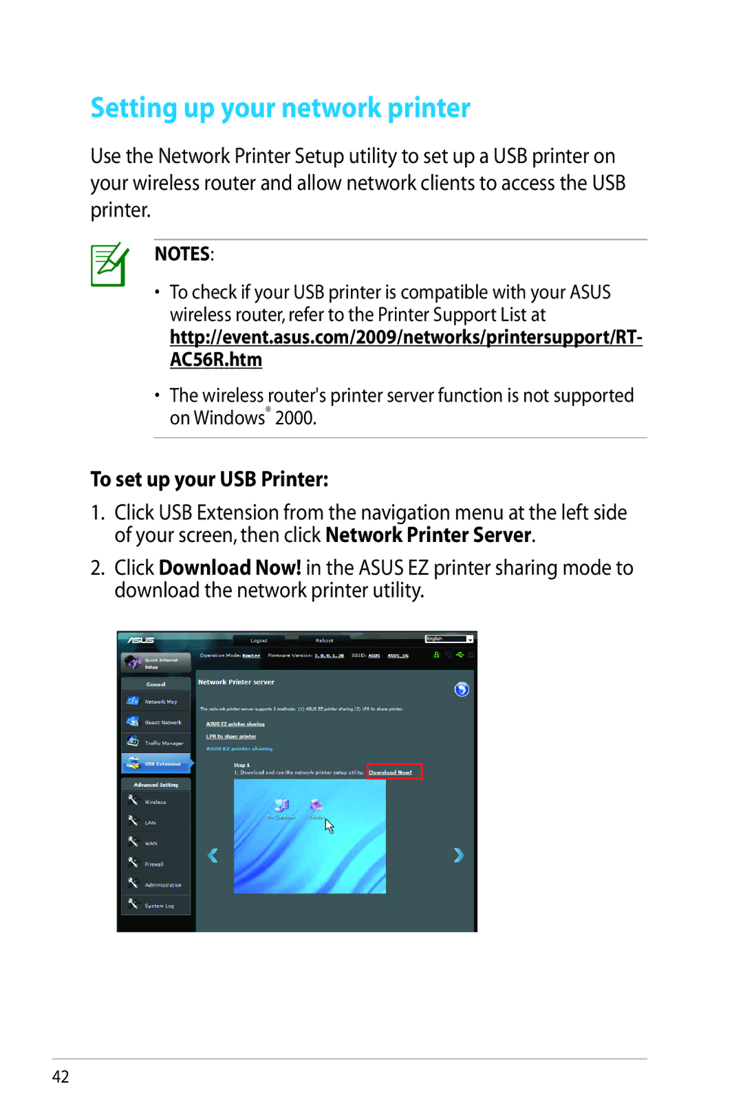 Asus RT-AC56R manual Setting up your network printer, To set up your USB Printer 