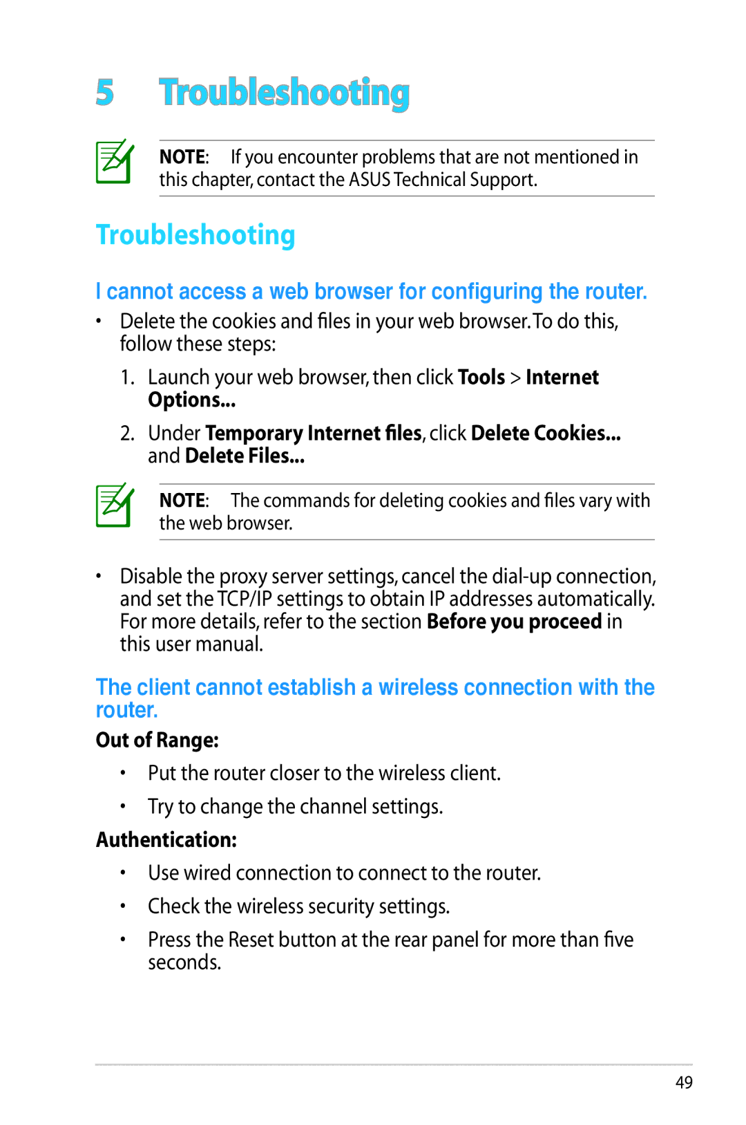 Asus RT-AC56R manual Troubleshooting, Out of Range, Authentication 