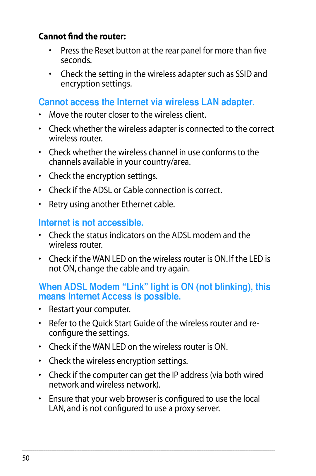 Asus RT-AC56R manual Cannot find the router, Cannot access the Internet via wireless LAN adapter 