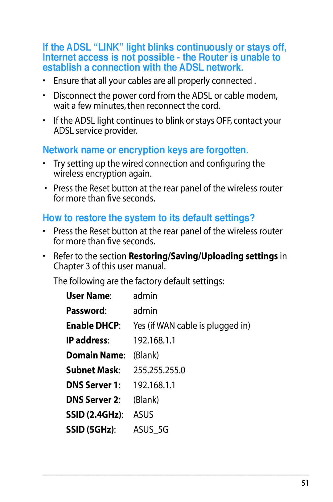 Asus RT-AC56R manual User Name, Password, IP address, Ssid 5GHz 