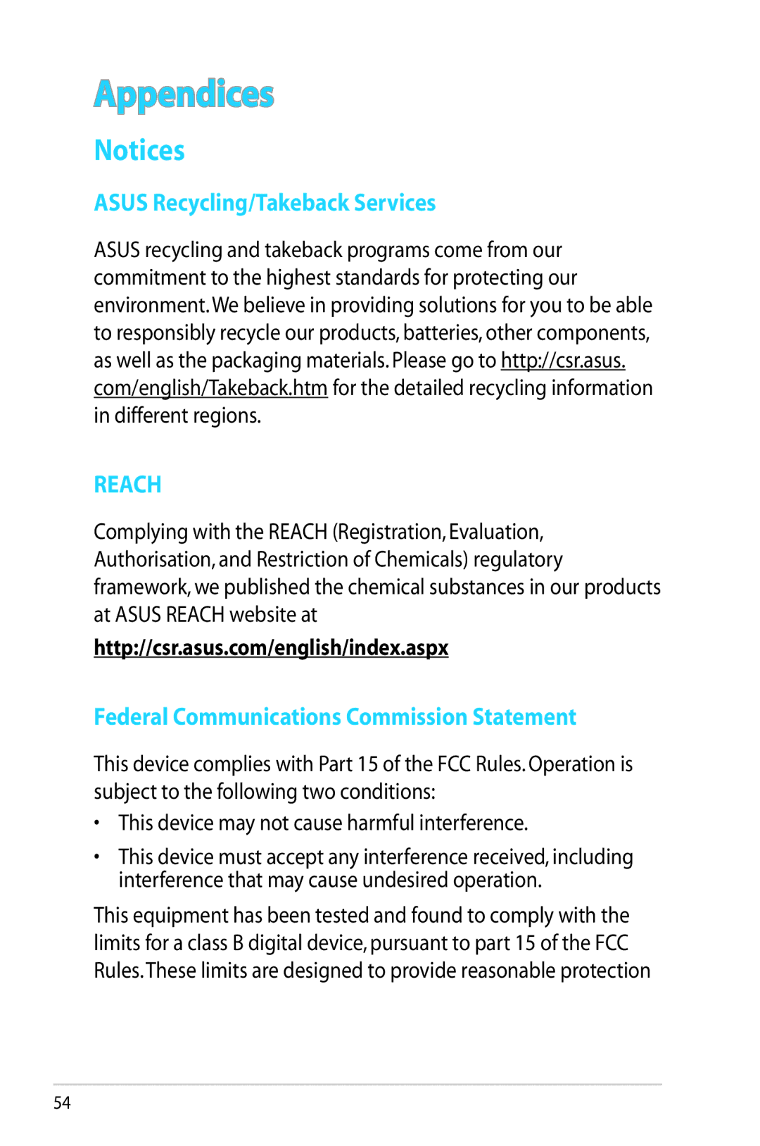 Asus RT-AC56R manual Asus Recycling/Takeback Services, Federal Communications Commission Statement 