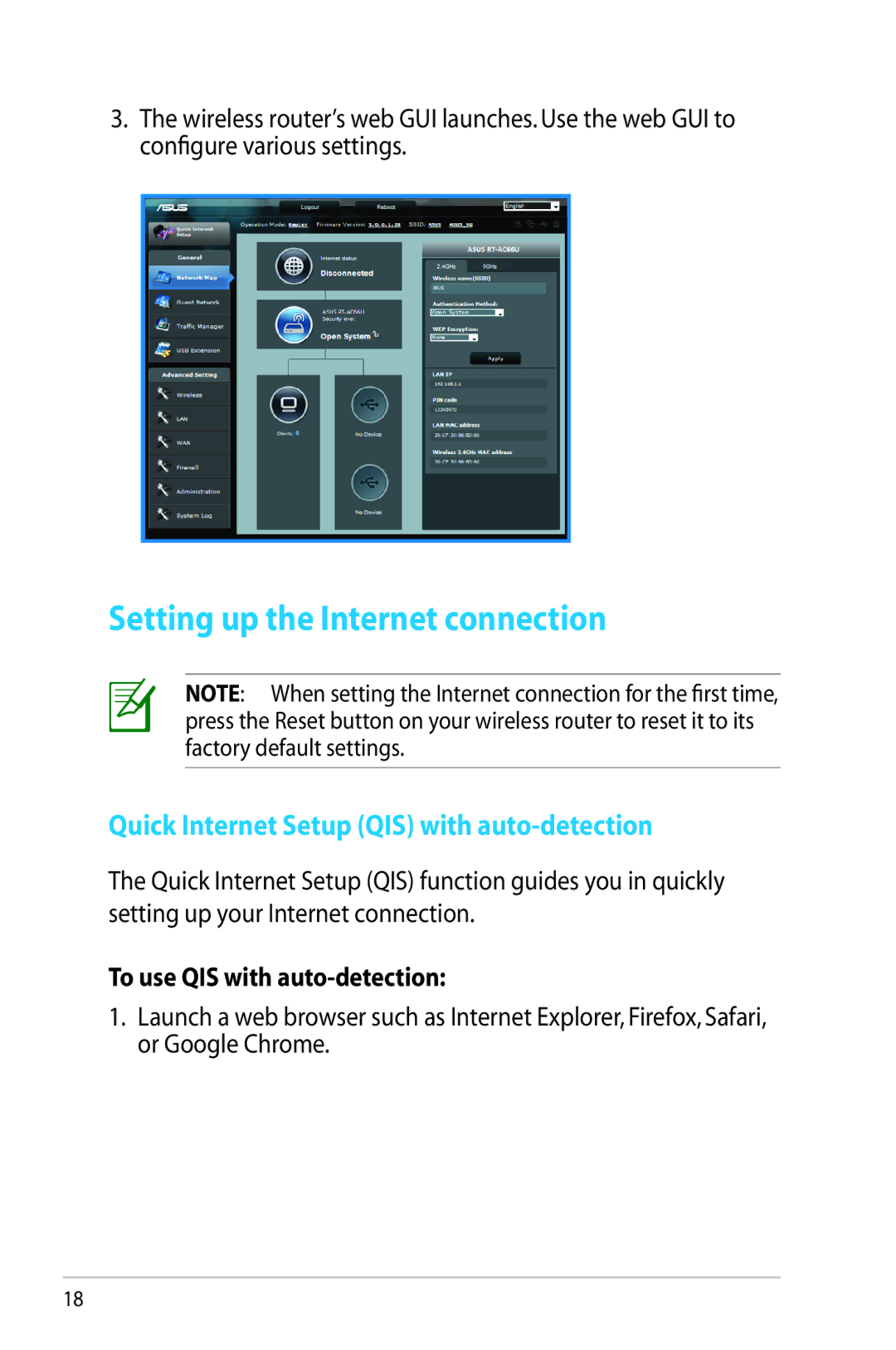 Asus RT-AC66U manual Setting up the Internet connection, Quick Internet Setup QIS with auto-detection 