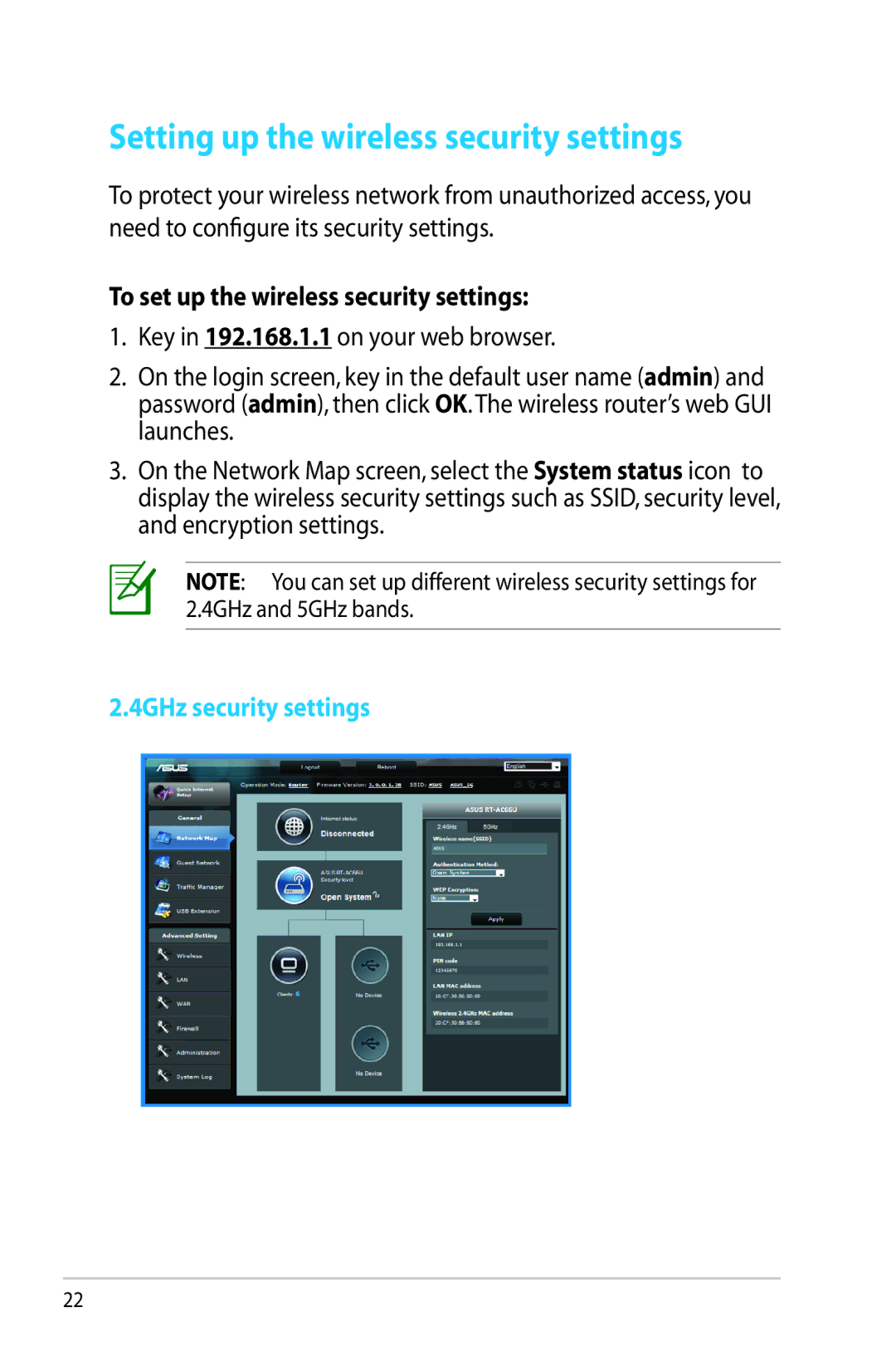 Asus RT-AC66U manual Setting up the wireless security settings, To set up the wireless security settings 