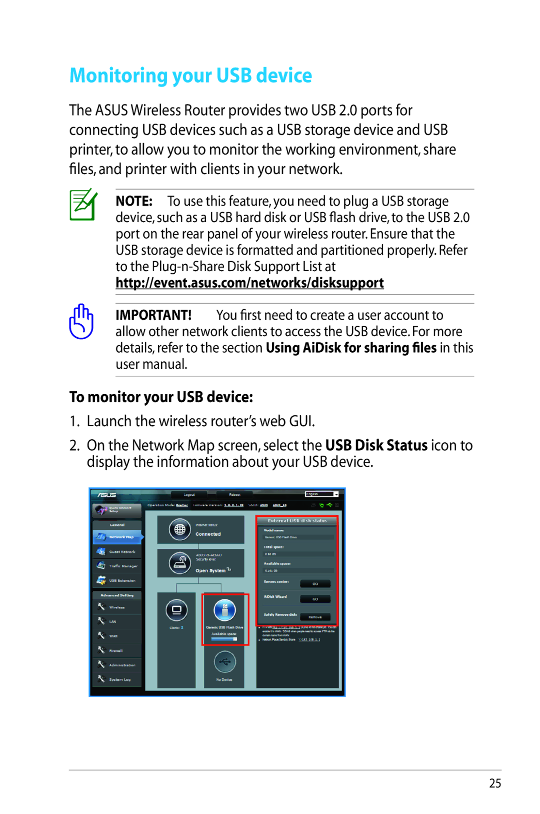 Asus RT-AC66U manual Monitoring your USB device, To monitor your USB device 