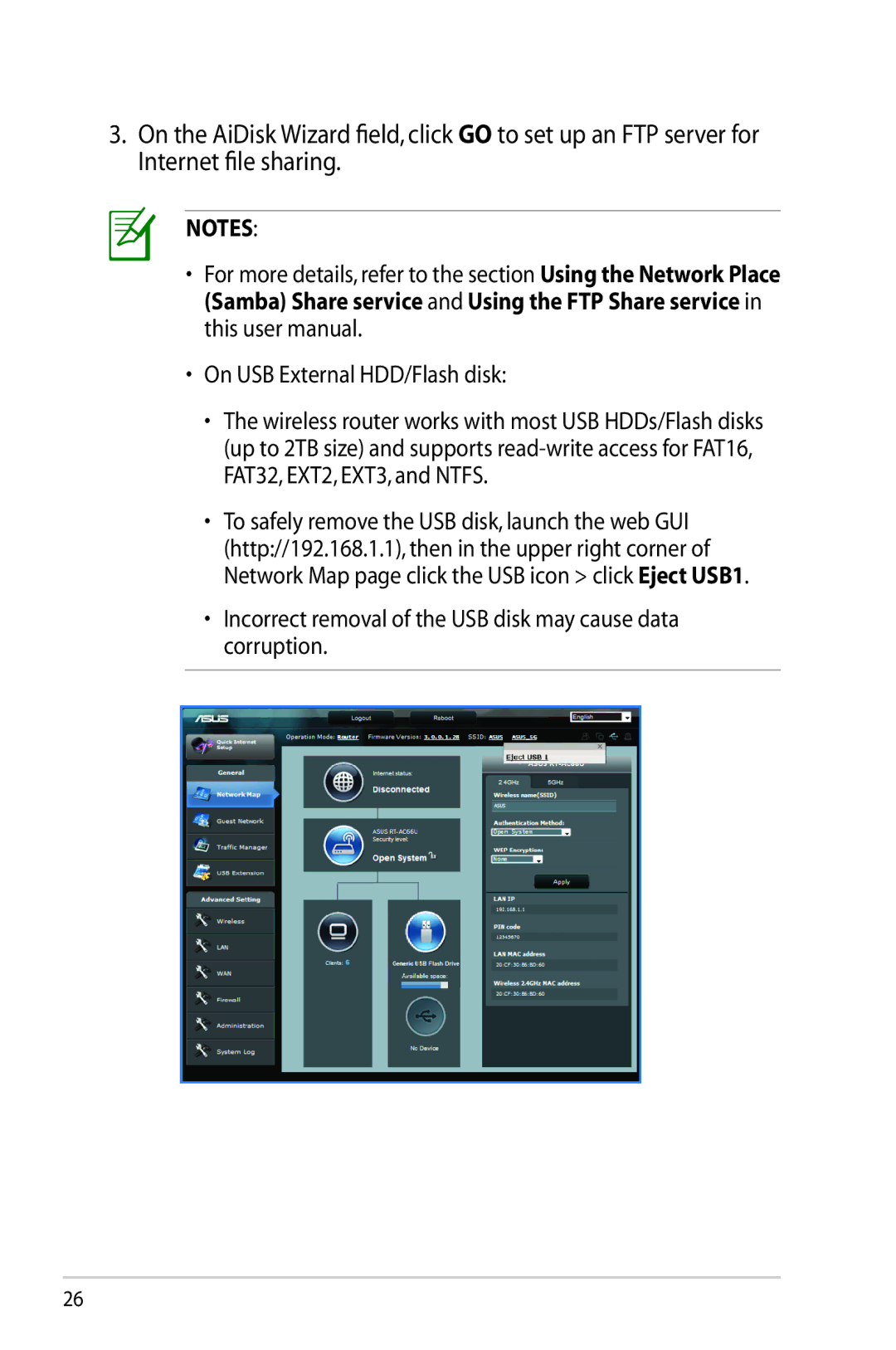 Asus RT-AC66U manual Incorrect removal of the USB disk may cause data corruption 