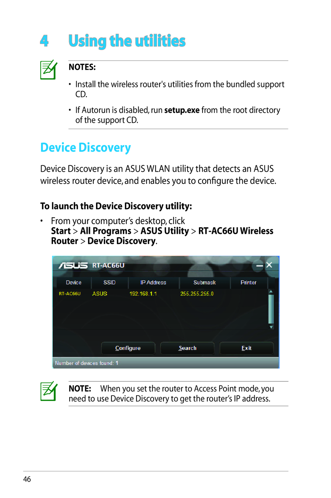 Asus RT-AC66U manual To launch the Device Discovery utility 