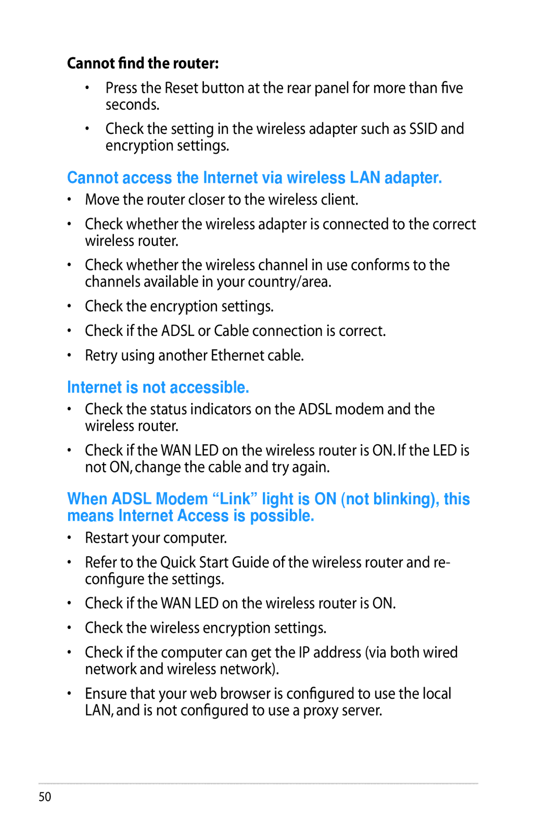 Asus RT-AC66U manual Cannot find the router, Cannot access the Internet via wireless LAN adapter 