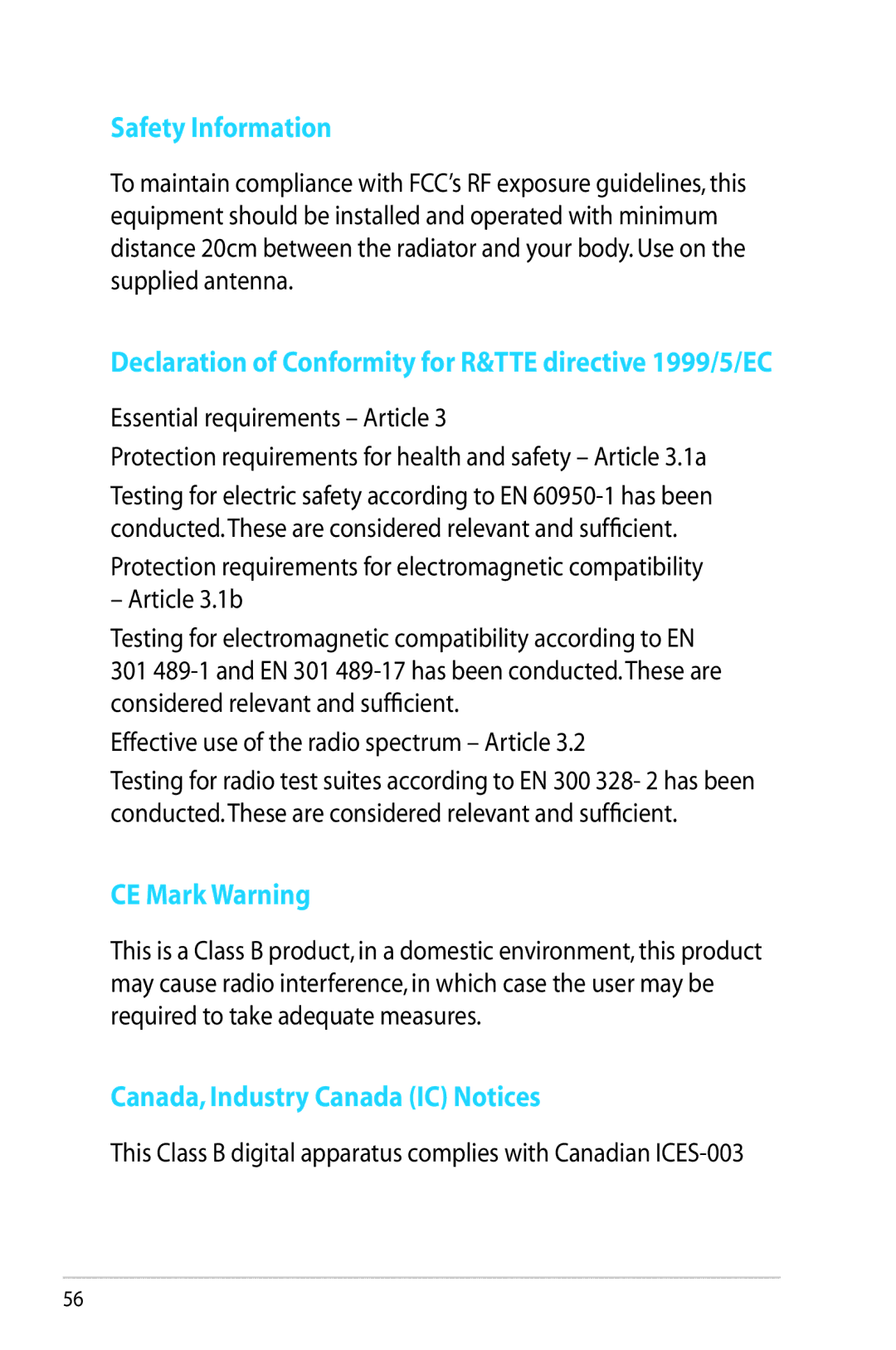 Asus RT-AC66U manual Safety Information, Declaration of Conformity for R&TTE directive 1999/5/EC, CE Mark Warning 