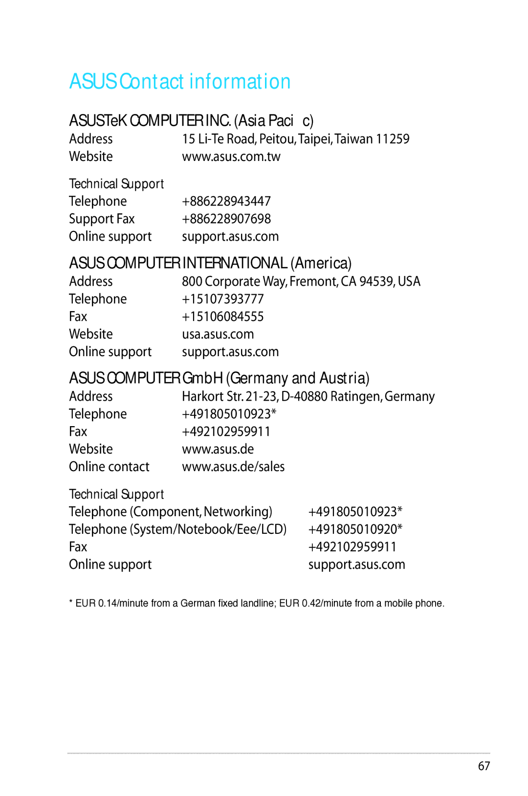 Asus RT-AC66U manual Asus Contact information, ASUSTeK Computer INC. Asia Pacific, Asus Computer International America 