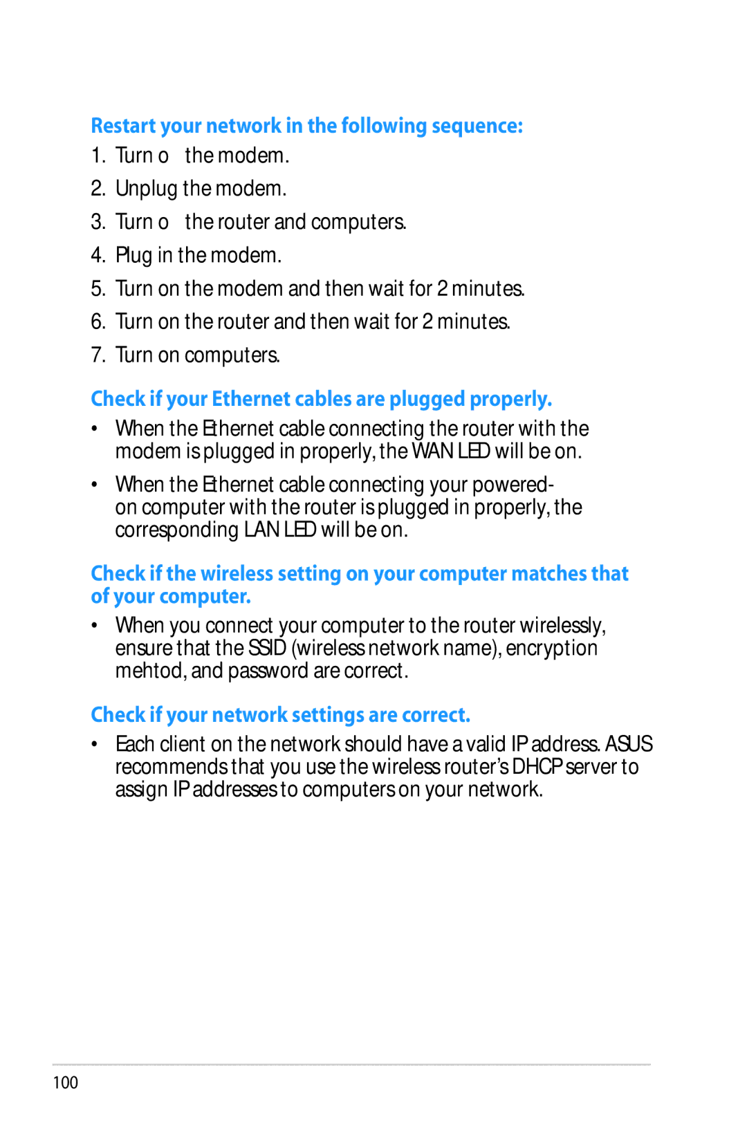 Asus RT-AC68R manual Restart your network in the following sequence 