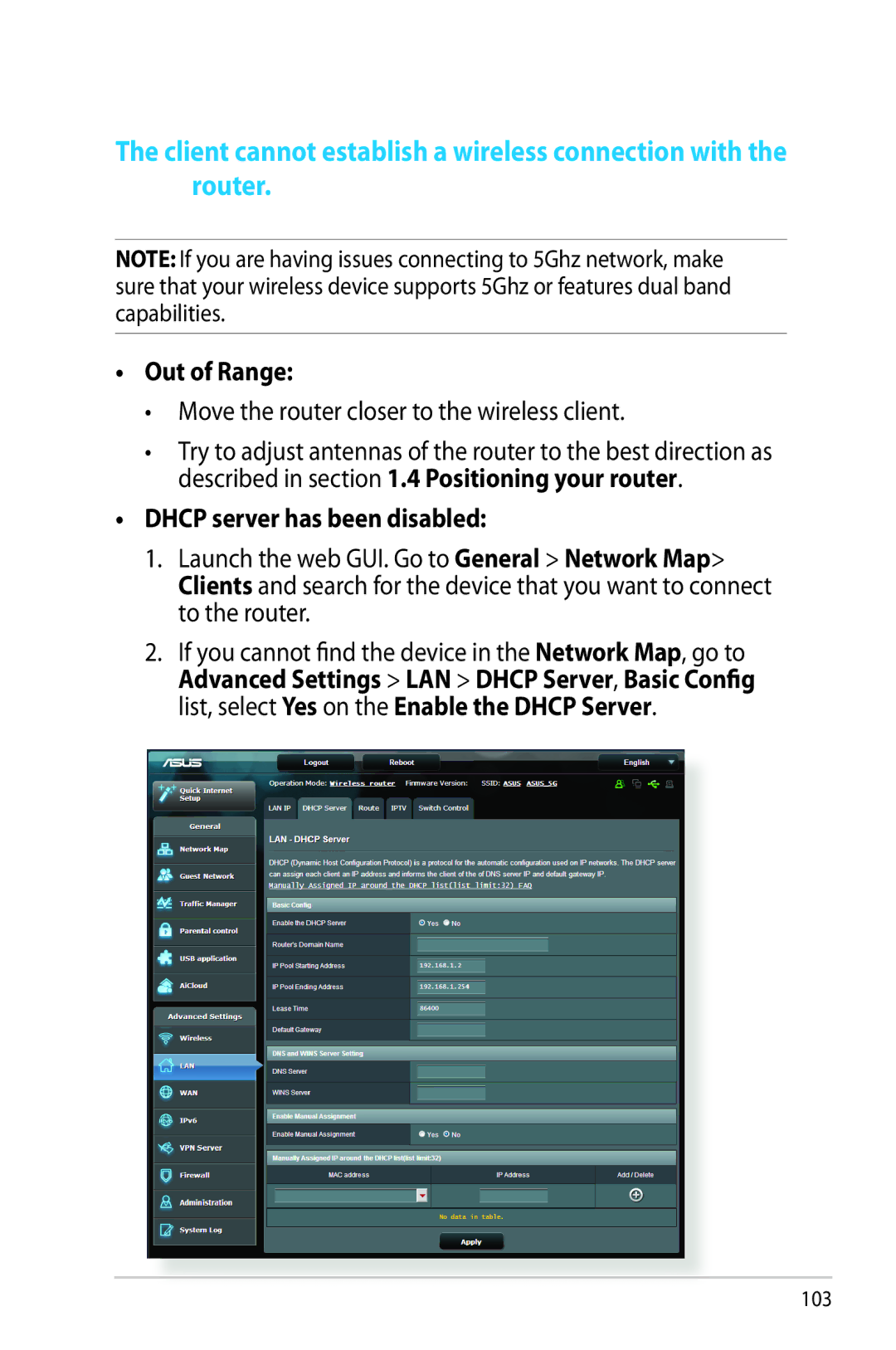 Asus RT-AC68R manual Out of Range, Move the router closer to the wireless client, Dhcp server has been disabled 