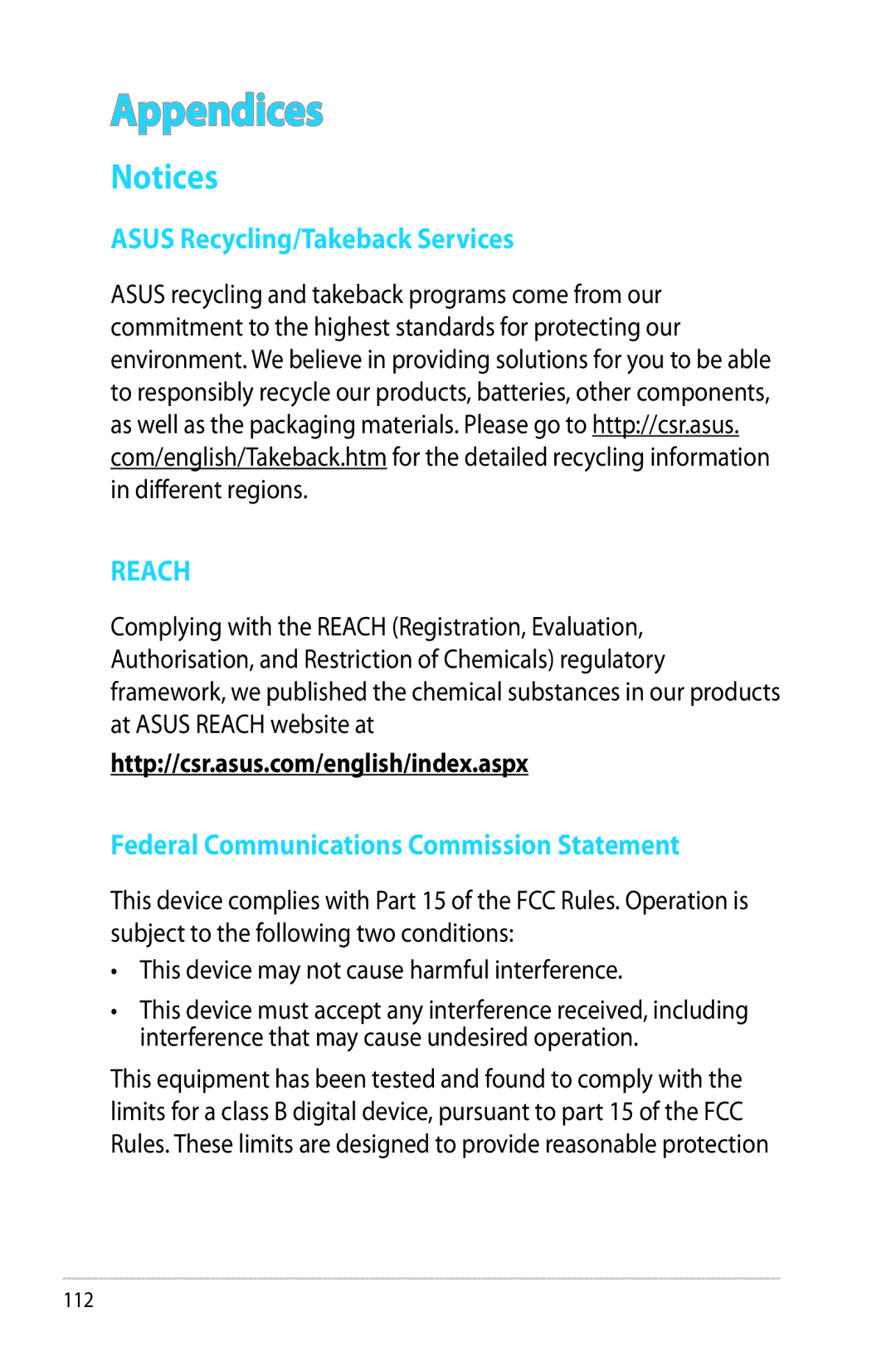 Asus RT-AC68R manual Asus Recycling/Takeback Services, Federal Communications Commission Statement 