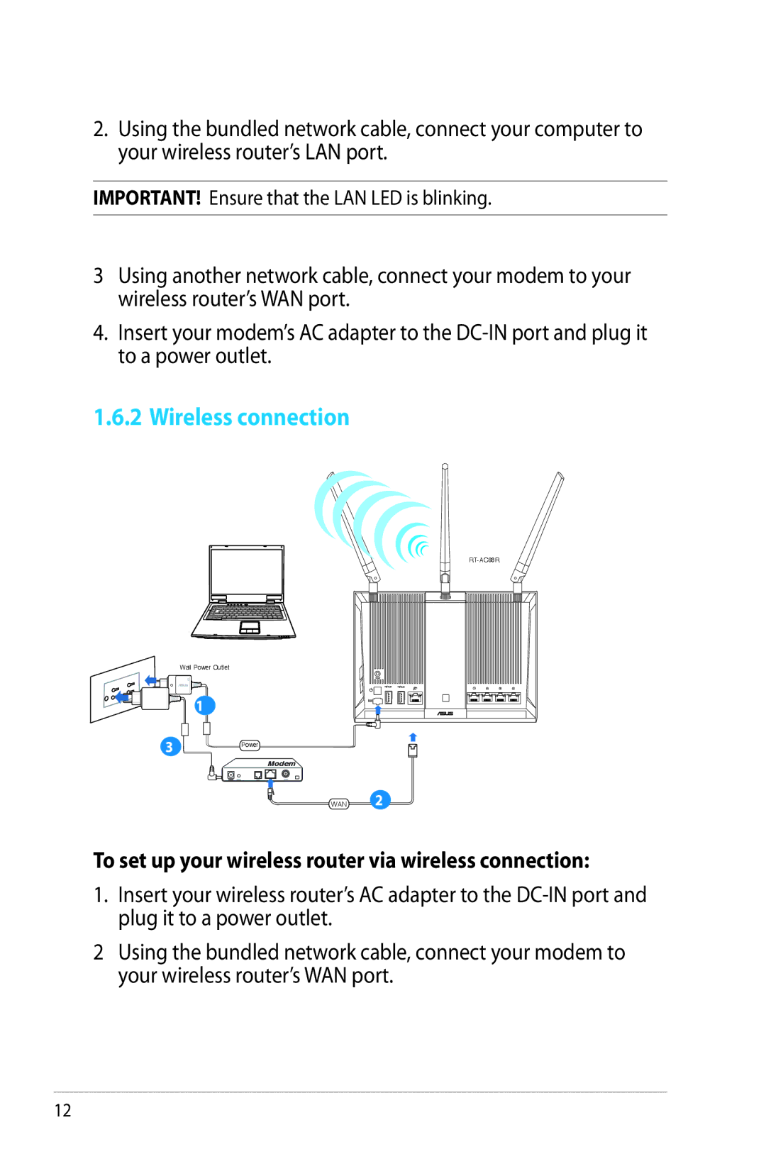 Asus RT-AC68R manual Wireless connection, To set up your wireless router via wireless connection 