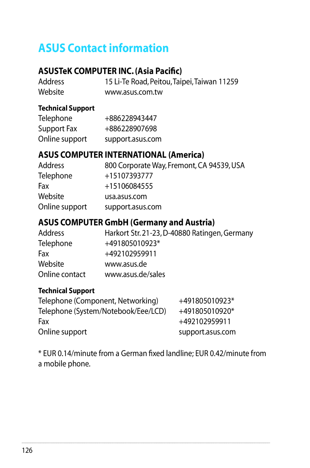 Asus RT-AC68R manual Asus Contact information, ASUSTeK Computer INC. Asia Pacific, Asus Computer International America 