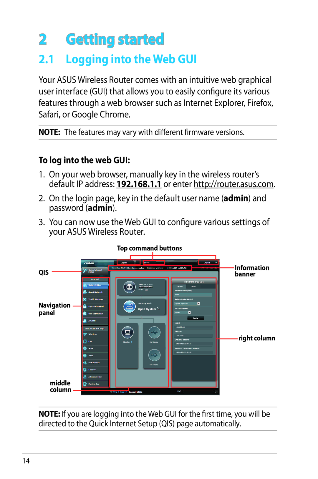 Asus RT-AC68R manual Logging into the Web GUI, To log into the web GUI 