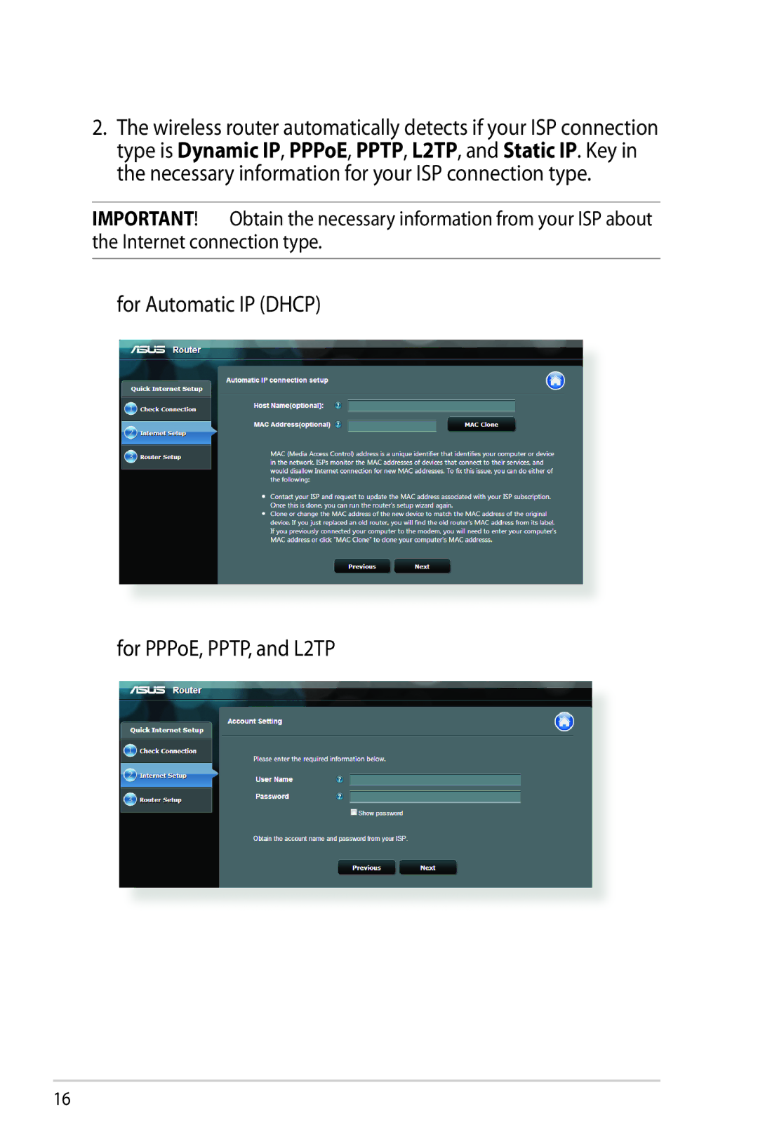 Asus RT-AC68R manual For Automatic IP Dhcp For PPPoE, PPTP, and L2TP 