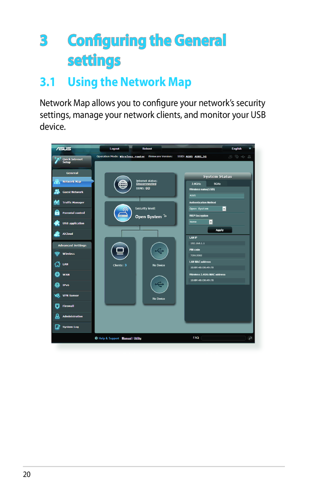 Asus RT-AC68R manual Configuring the General settings, Using the Network Map 