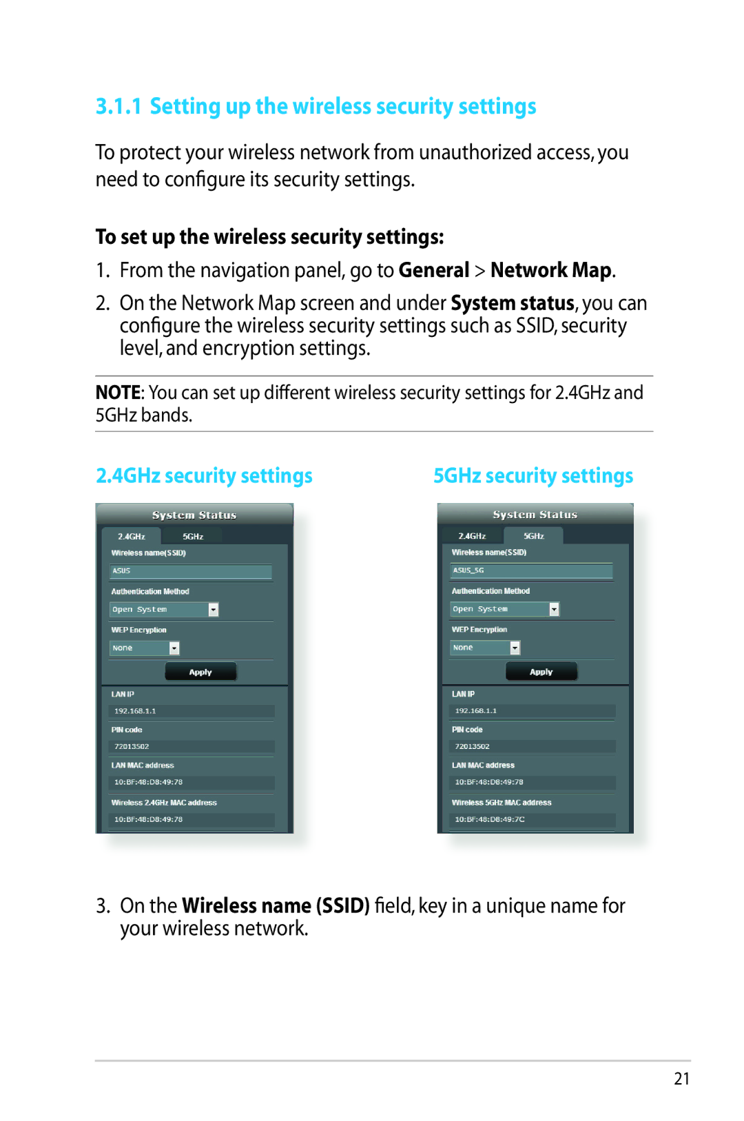 Asus RT-AC68R manual Setting up the wireless security settings, To set up the wireless security settings 