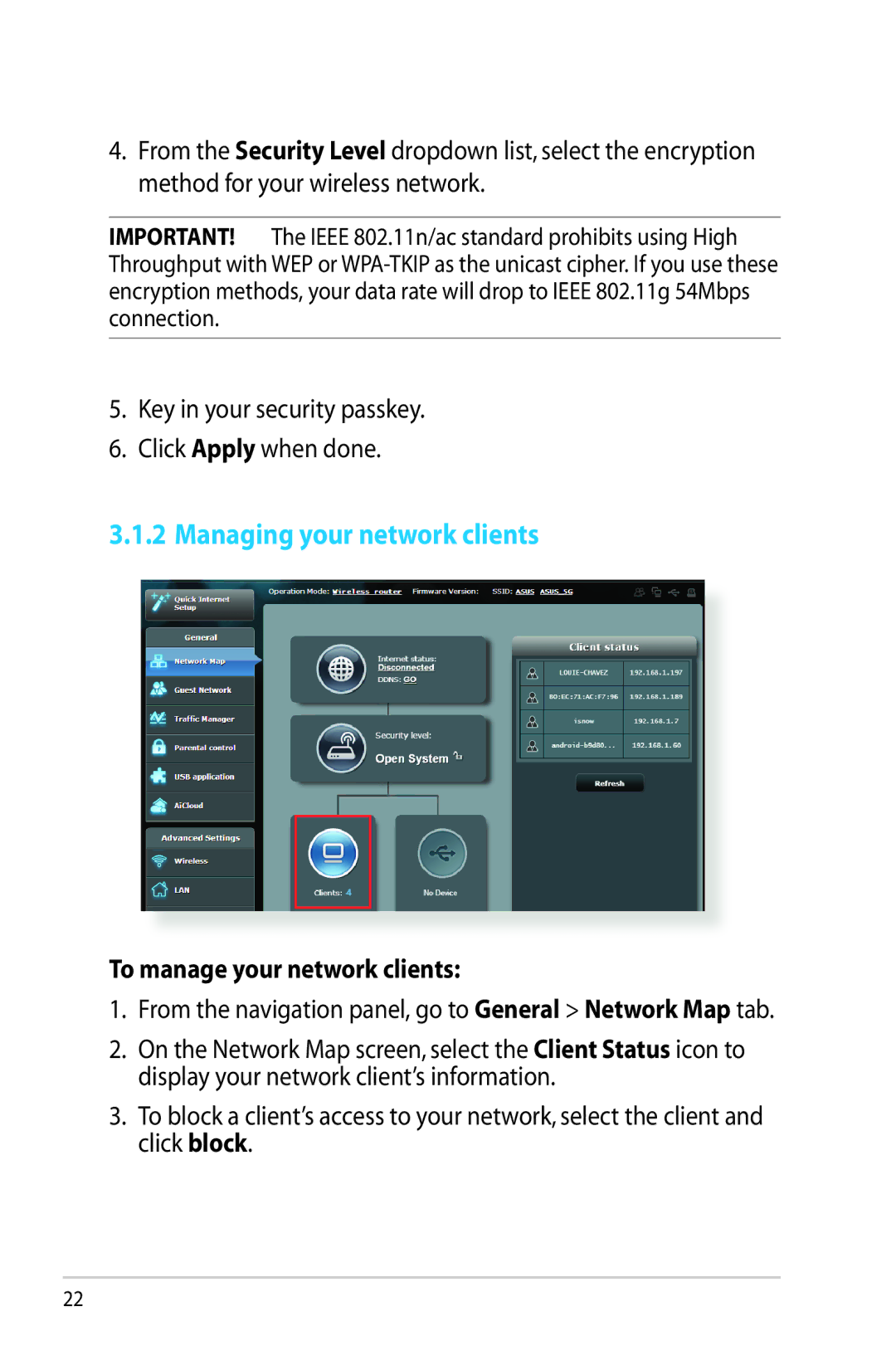 Asus RT-AC68R manual Managing your network clients, Key in your security passkey Click Apply when done 