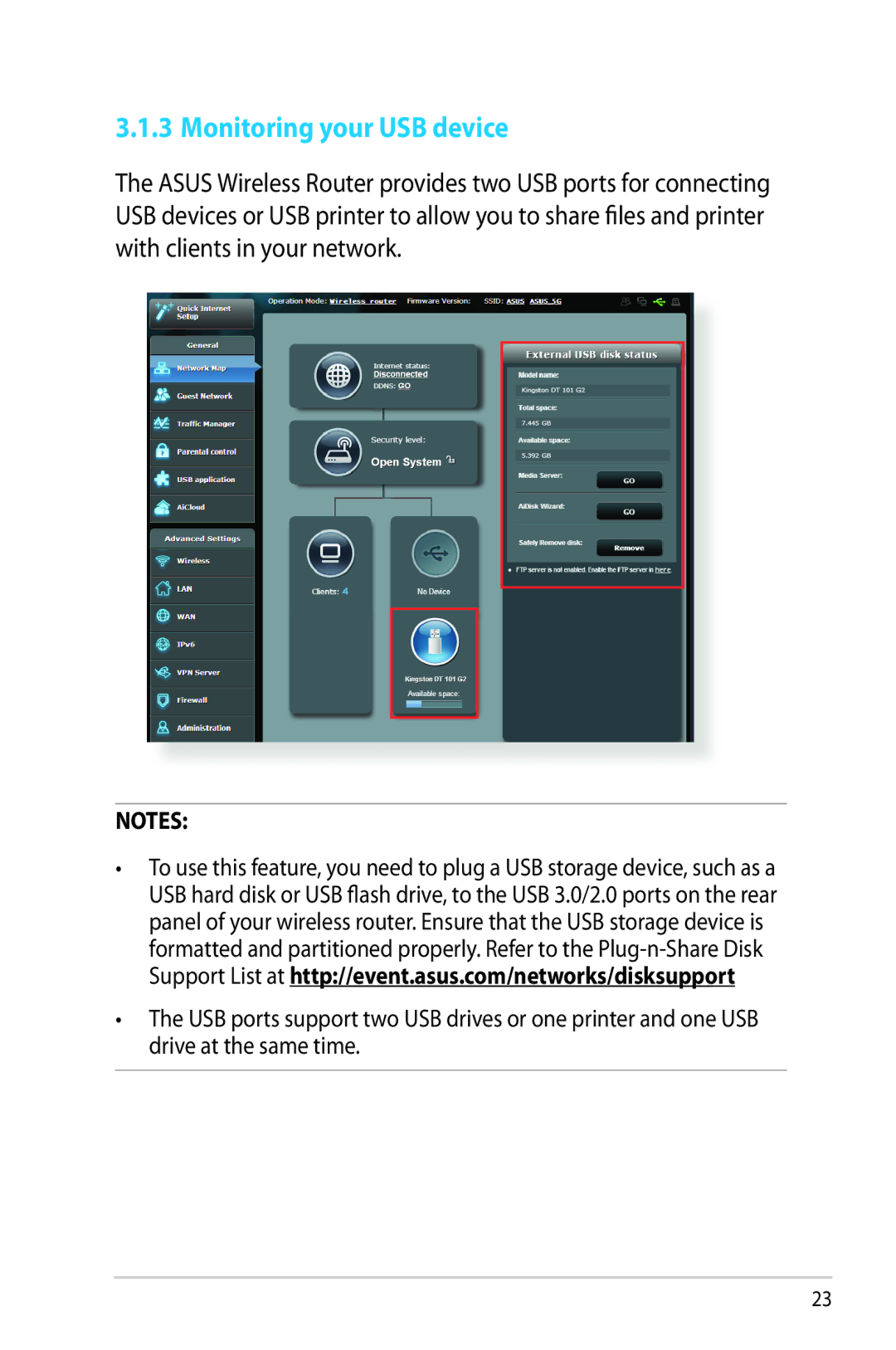 Asus RT-AC68R manual Monitoring your USB device 