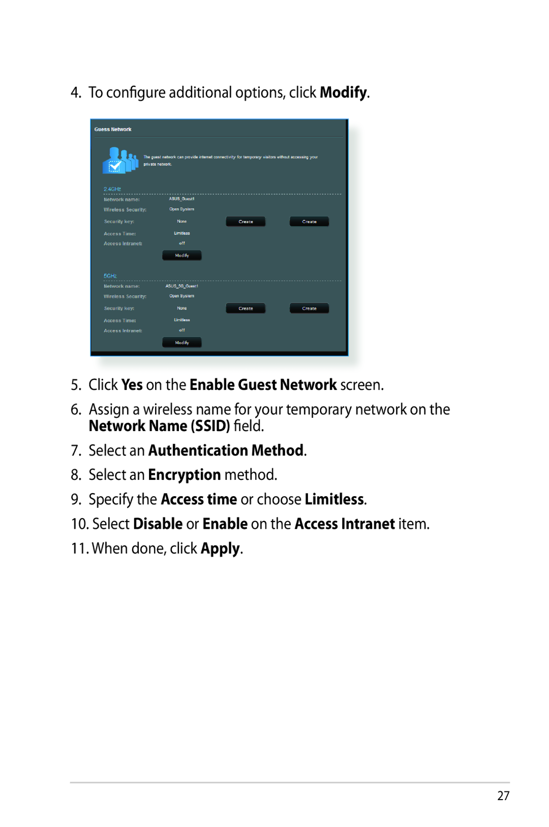 Asus RT-AC68R manual To configure additional options, click Modify, Click Yes on the Enable Guest Network screen 