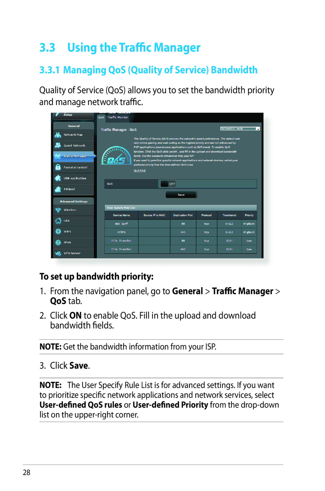 Asus RT-AC68R manual Using the Traffic Manager, Managing QoS Quality of Service Bandwidth, To set up bandwidth priority 