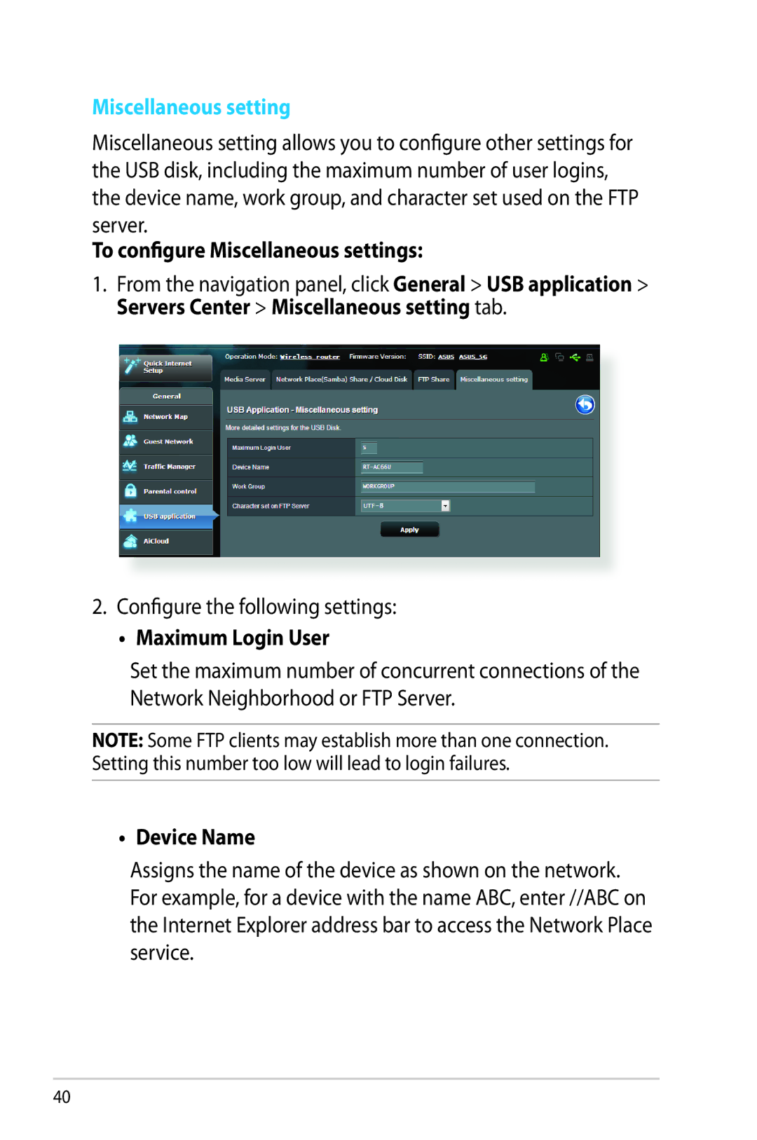 Asus RT-AC68R manual To configure Miscellaneous settings, Configure the following settings, Maximum Login User, Device Name 