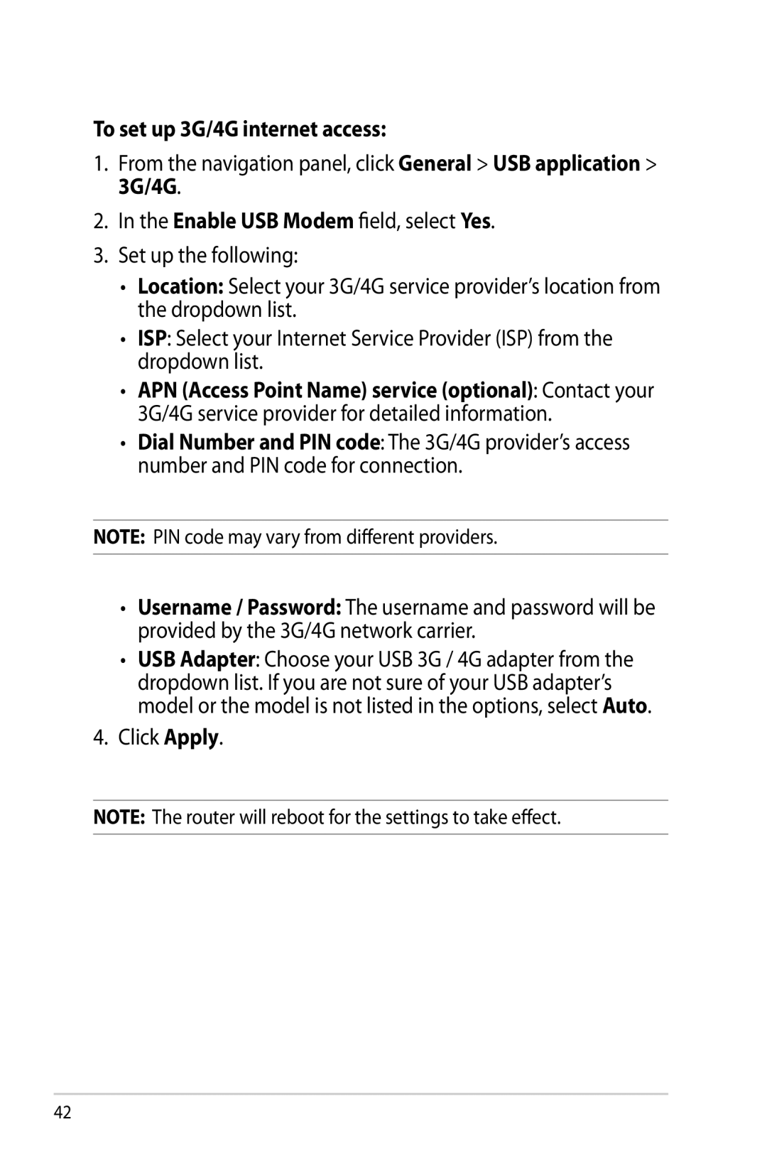 Asus RT-AC68R manual To set up 3G/4G internet access, Click Apply 