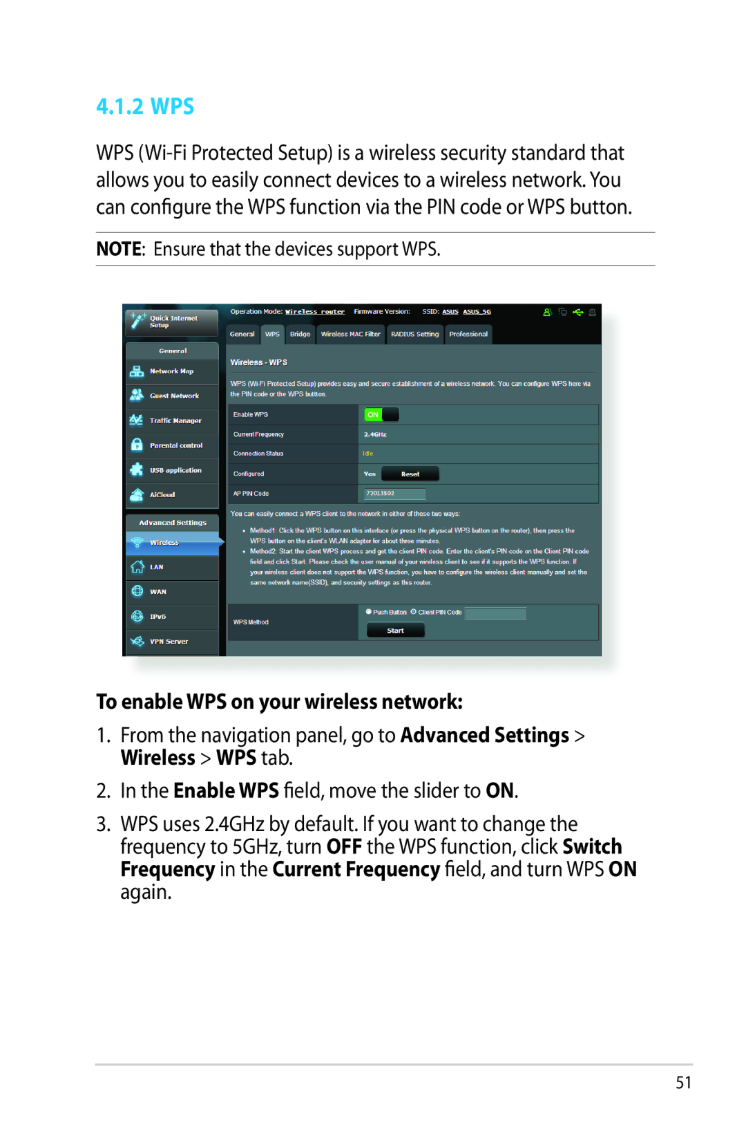 Asus RT-AC68R manual 2 WPS, To enable WPS on your wireless network 