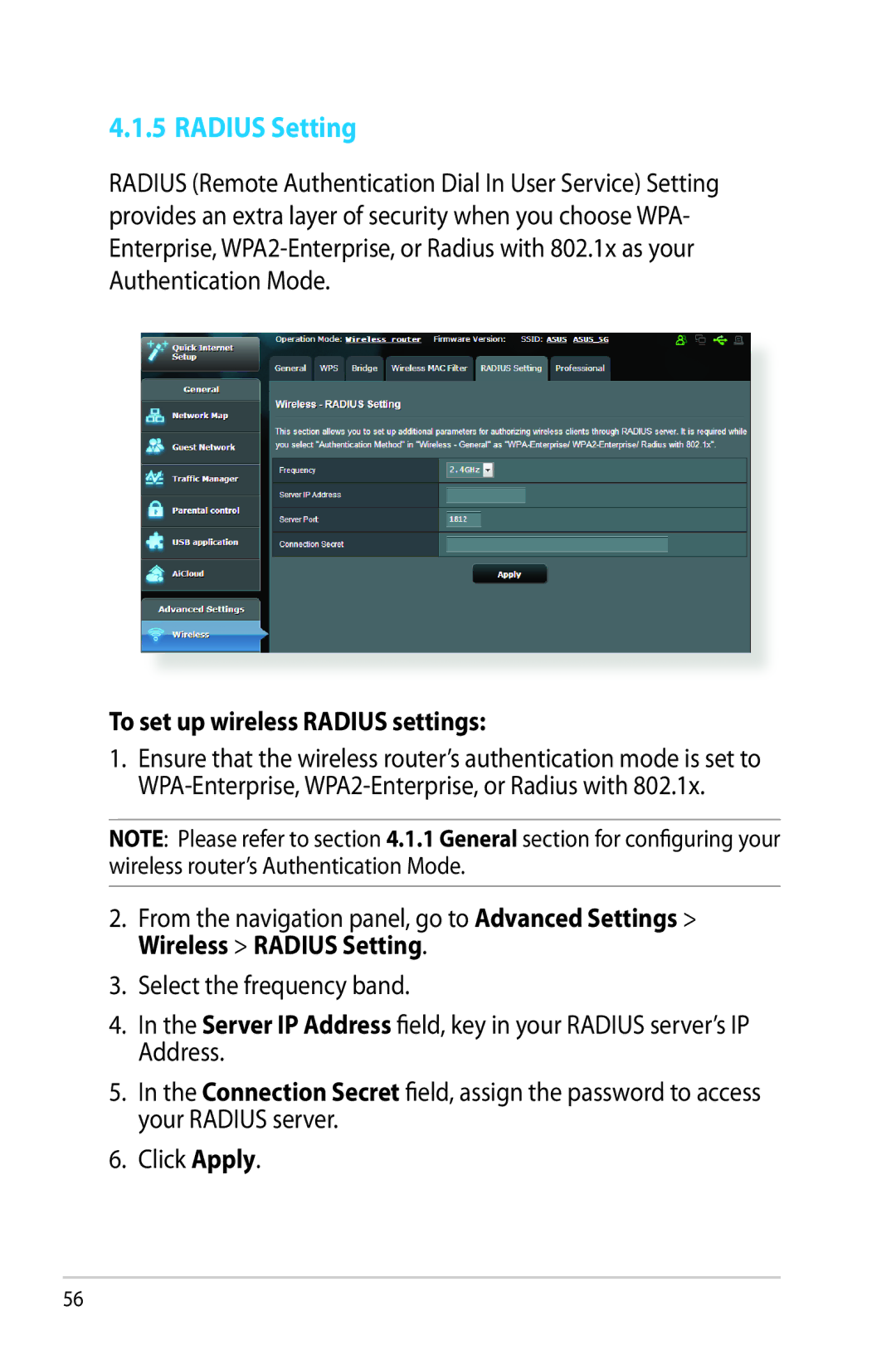 Asus RT-AC68R manual Radius Setting, To set up wireless Radius settings 