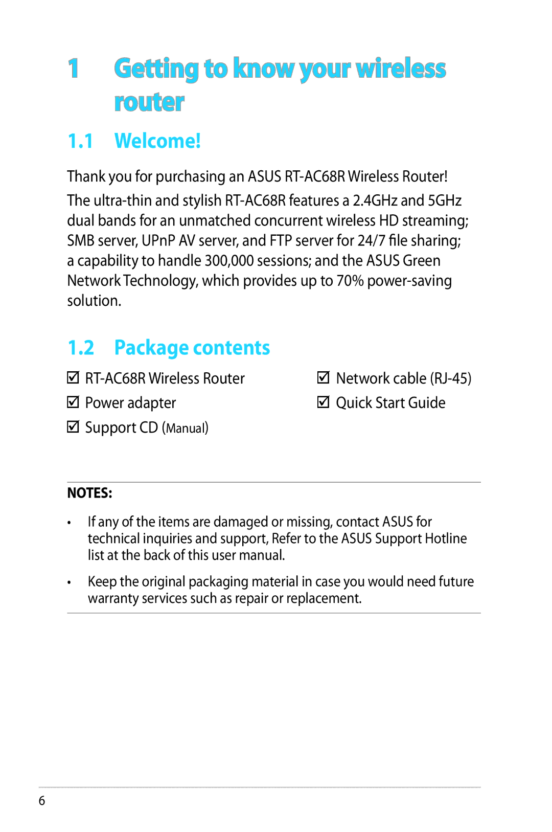 Asus RT-AC68R manual Welcome, Package contents 