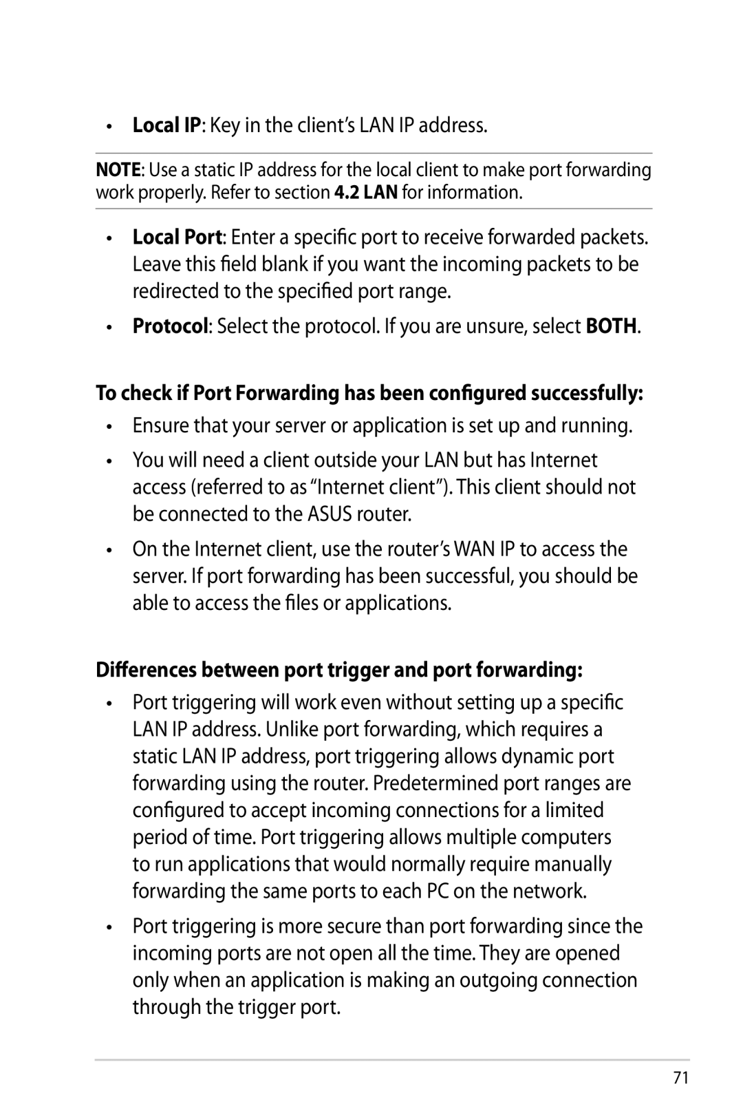 Asus RT-AC68R manual Local IP Key in the client’s LAN IP address, Differences between port trigger and port forwarding 