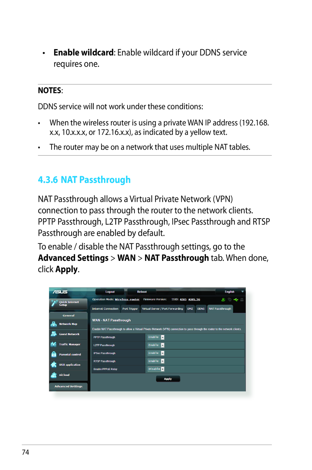 Asus RT-AC68R manual NAT Passthrough, Ddns service will not work under these conditions 